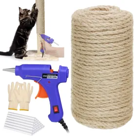 164 FT Sisal Rope for Cat Scratcher Kits, 4MM Natural Hemp Twine Rope Replacement for Cat Scratching Post Repairing Scratcher Cat Tree Tower Toys Indoor DIY Craft with Hot Glue Gun and Glue Sticks