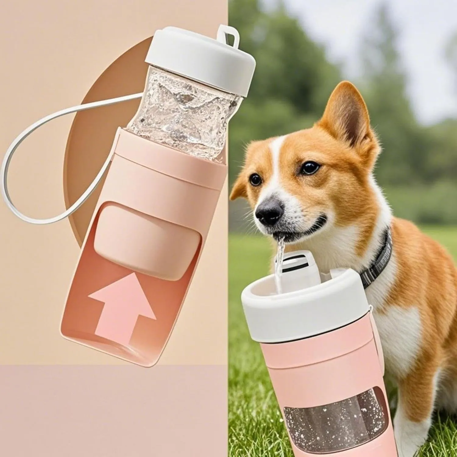 2 in 1 Collapsible Dog Portable Water Bottle and Food Storage Container - Travel Water Bottle is Leak Proof. Stores 16 Oz and 7 Oz of Food, Ideal for Travel, Camping and Dog Walking (Green/Gray/Pink)