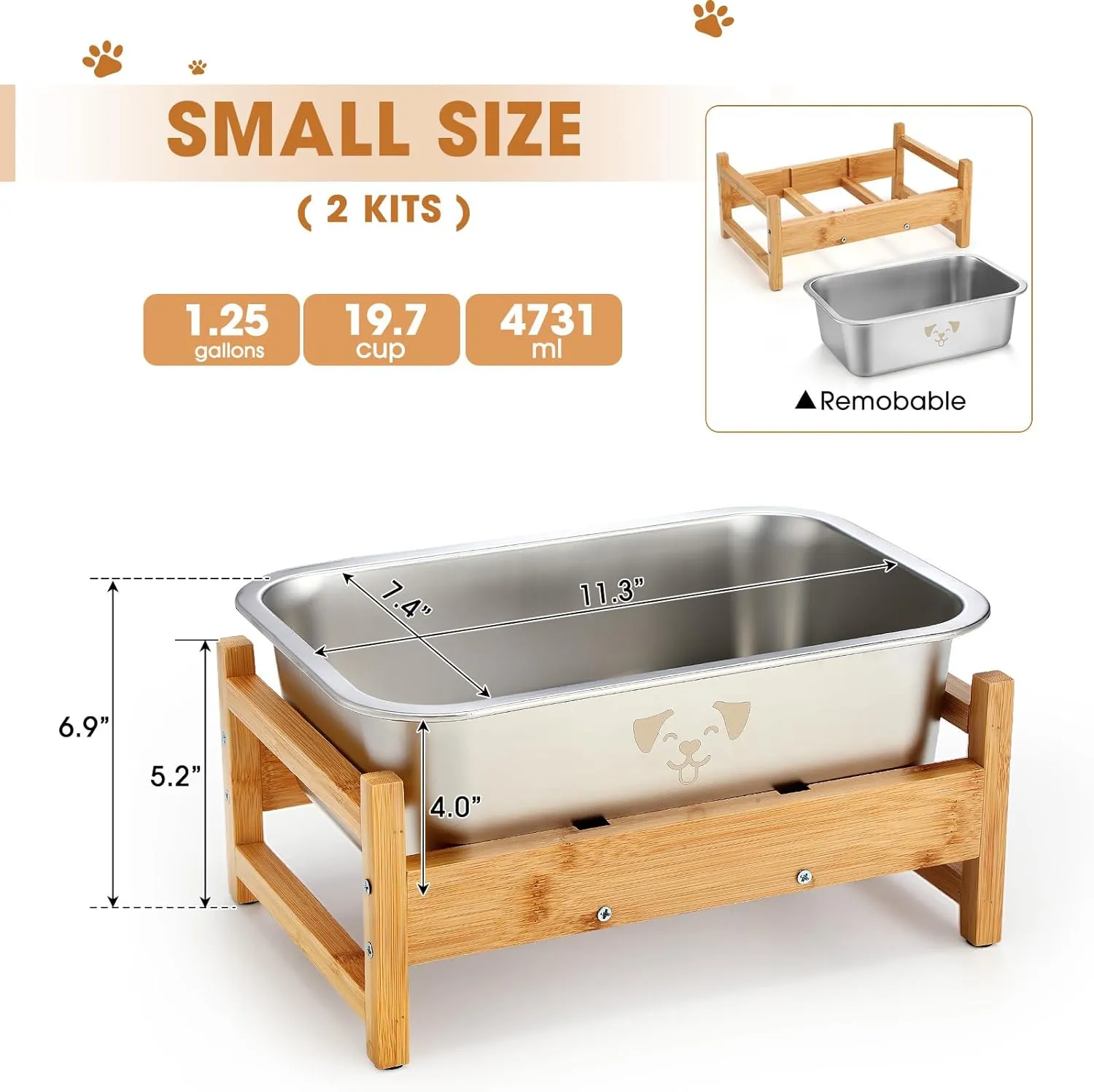 2 Pack Bamboo Elevated Dog Bowl with Stand Raised Stainless Steel Water Bowl Anti-Slip High Capacity Water Food Stand for Small Medium Large Breed Dog Indoor Outdoor(Wood,1.25 Gallon)