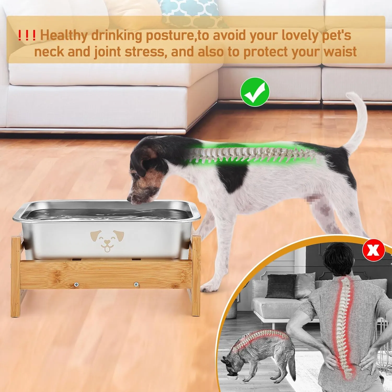 2 Pack Bamboo Elevated Dog Bowl with Stand Raised Stainless Steel Water Bowl Anti-Slip High Capacity Water Food Stand for Small Medium Large Breed Dog Indoor Outdoor(Wood,1.25 Gallon)