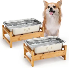 2 Pack Bamboo Elevated Dog Bowl with Stand Raised Stainless Steel Water Bowl Anti-Slip High Capacity Water Food Stand for Small Medium Large Breed Dog Indoor Outdoor(Wood,1.25 Gallon)