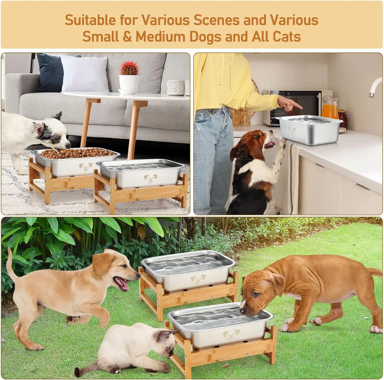 2 Pack Bamboo Elevated Dog Bowl with Stand Raised Stainless Steel Water Bowl Anti-Slip High Capacity Water Food Stand for Small Medium Large Breed Dog Indoor Outdoor(Wood,1.25 Gallon)