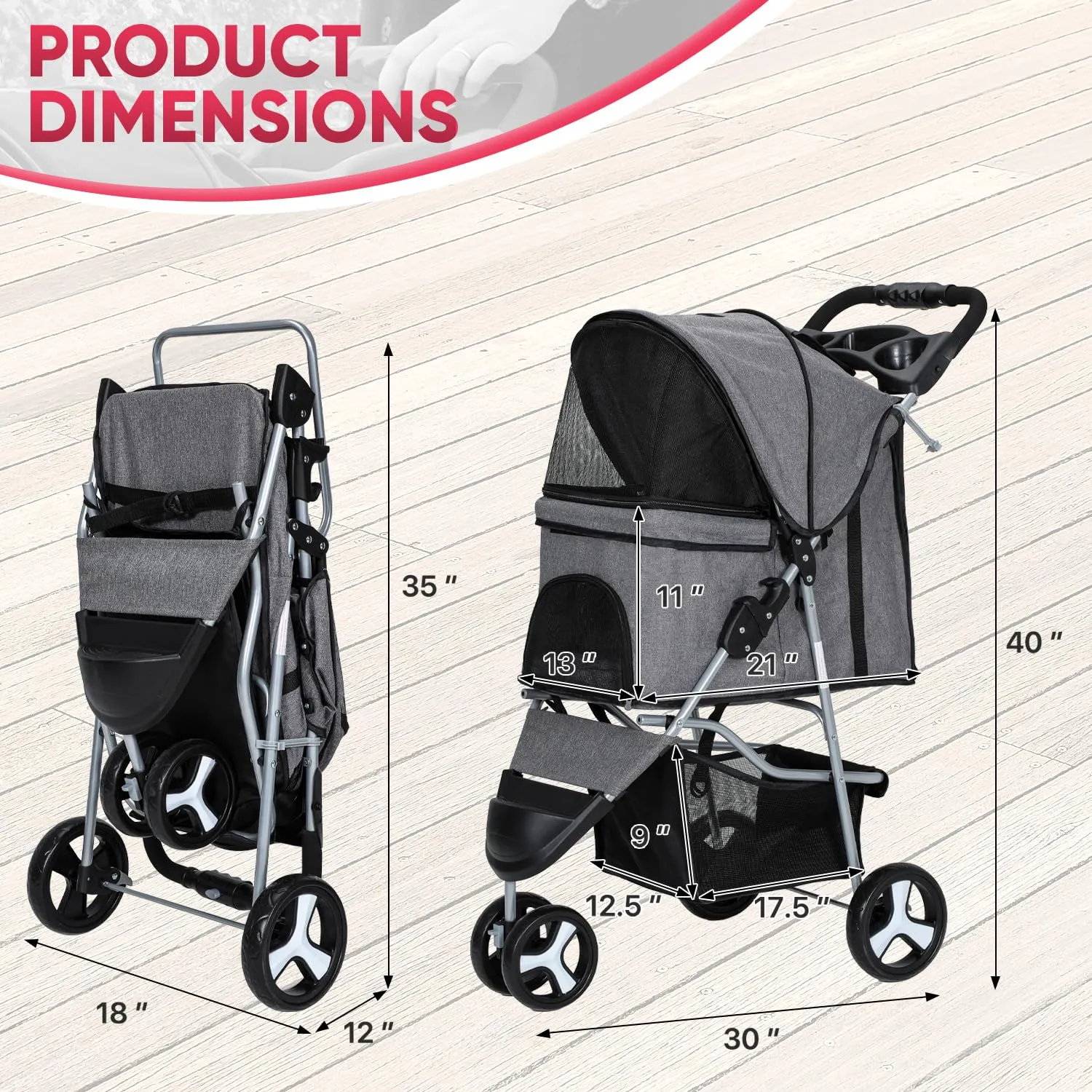 3-Wheel Foldable Cat & Dog Stroller - Water-Resistant Oxford Fabric, Safety Brakes & Storage Baske, CAAP-DGS-A78-GY