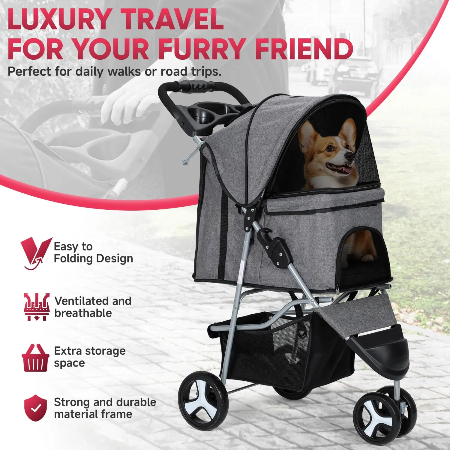 3-Wheel Foldable Cat & Dog Stroller - Water-Resistant Oxford Fabric, Safety Brakes & Storage Baske, CAAP-DGS-A78-GY