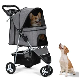 3-Wheel Foldable Cat & Dog Stroller - Water-Resistant Oxford Fabric, Safety Brakes & Storage Baske, CAAP-DGS-A78-GY