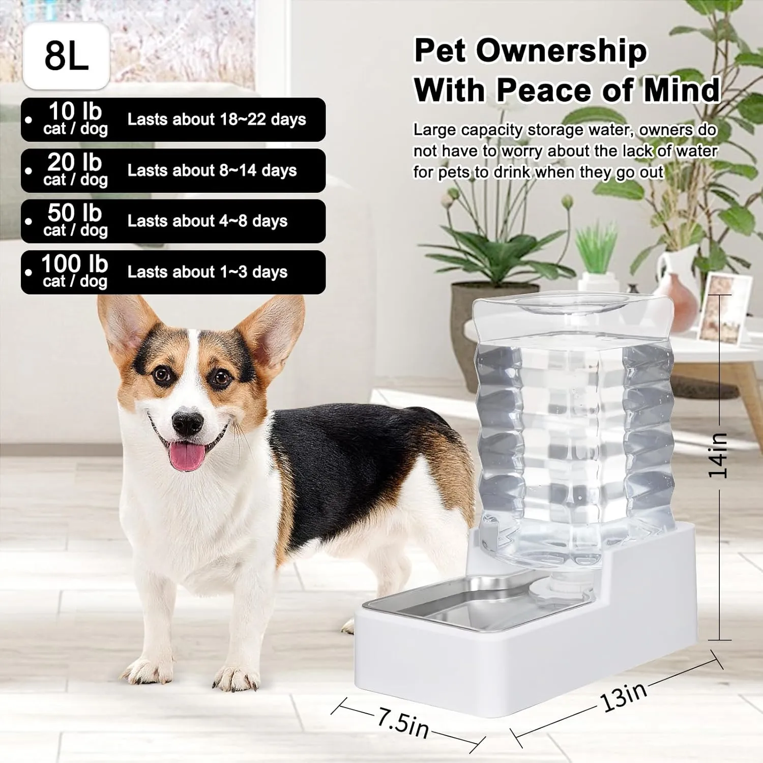 8L Upgraded Automatic Large Capacity Dog and Cat Water Dispenser with Stainless Steel Bowl,100% BPA-Free,Gravity Waterer,Suitable for Medium and Large-Sized Cats and Dogs (White, 8L )