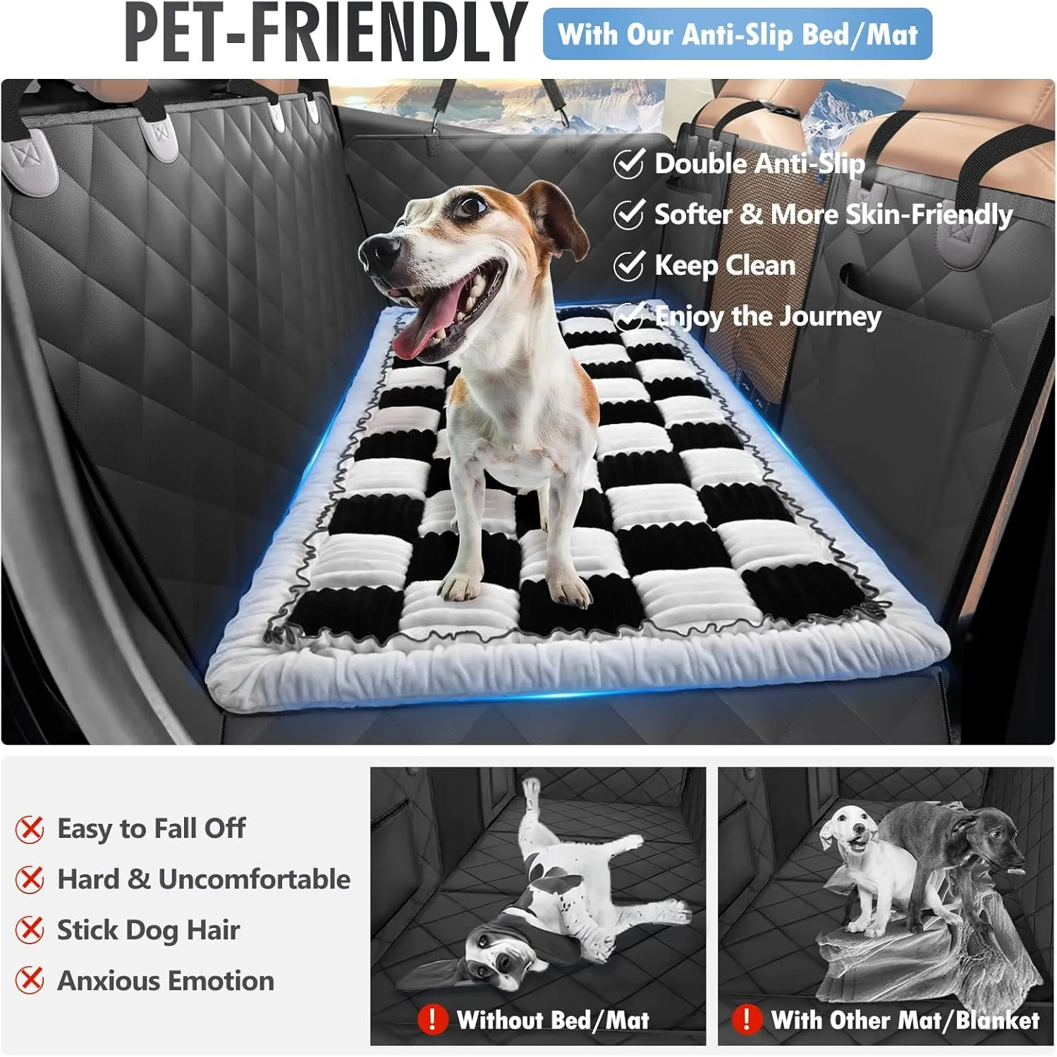 Backseat Dog Bed Non-Slip, Dog Bed for Car Back Seat Soft and Comfortable, Back Seat Pet Bed Mat for Travel, Pet Car Blanket for Backseat Extender and Seat Covers Checkered (51X 23.5)