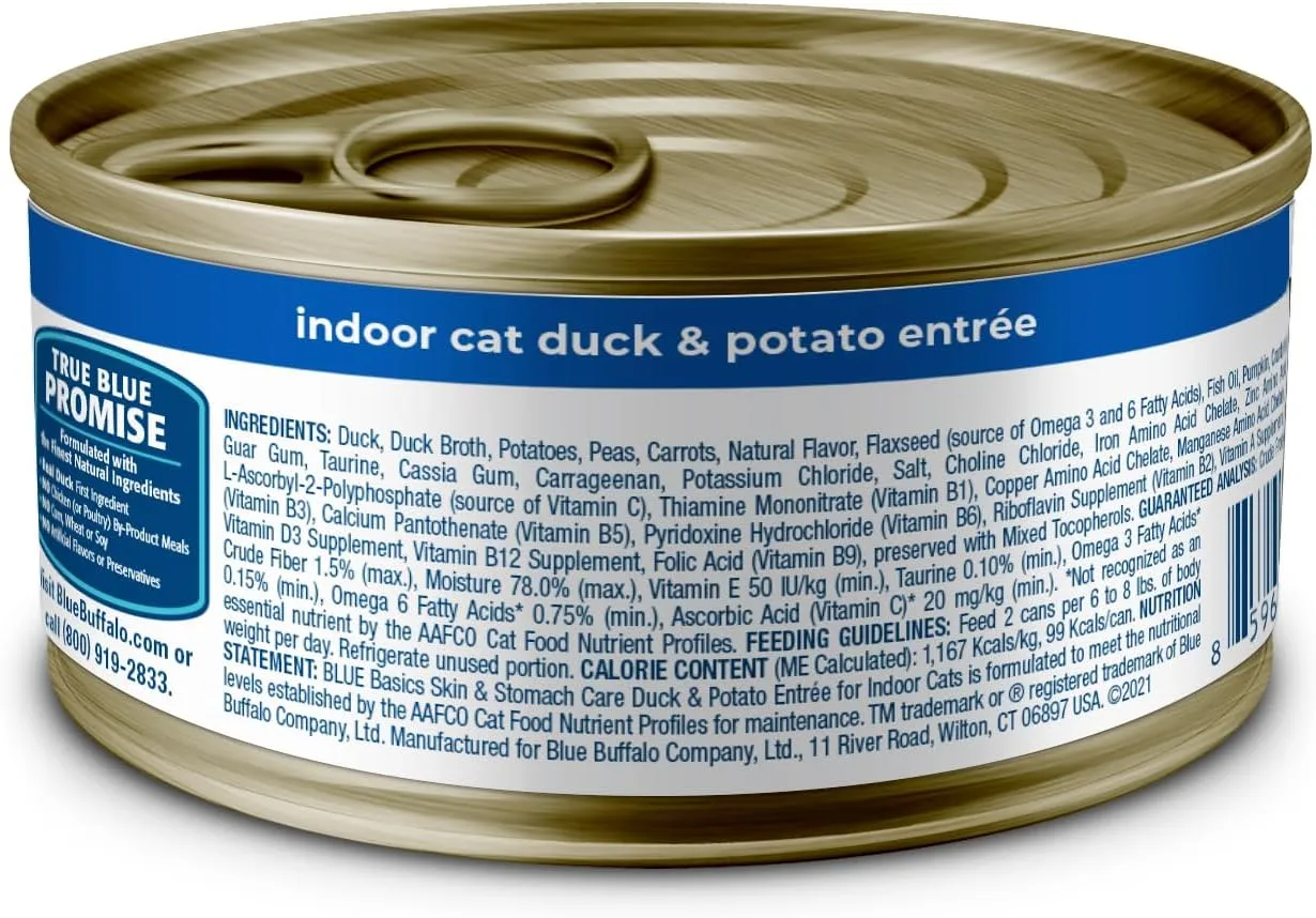 Blue Buffalo Basics Grain-Free Wet Cat Food, Skin & Stomach Care, Limited Ingredient Diet for Indoor Cats, Duck & Potato Entre, 3-oz Cans (24 Count)