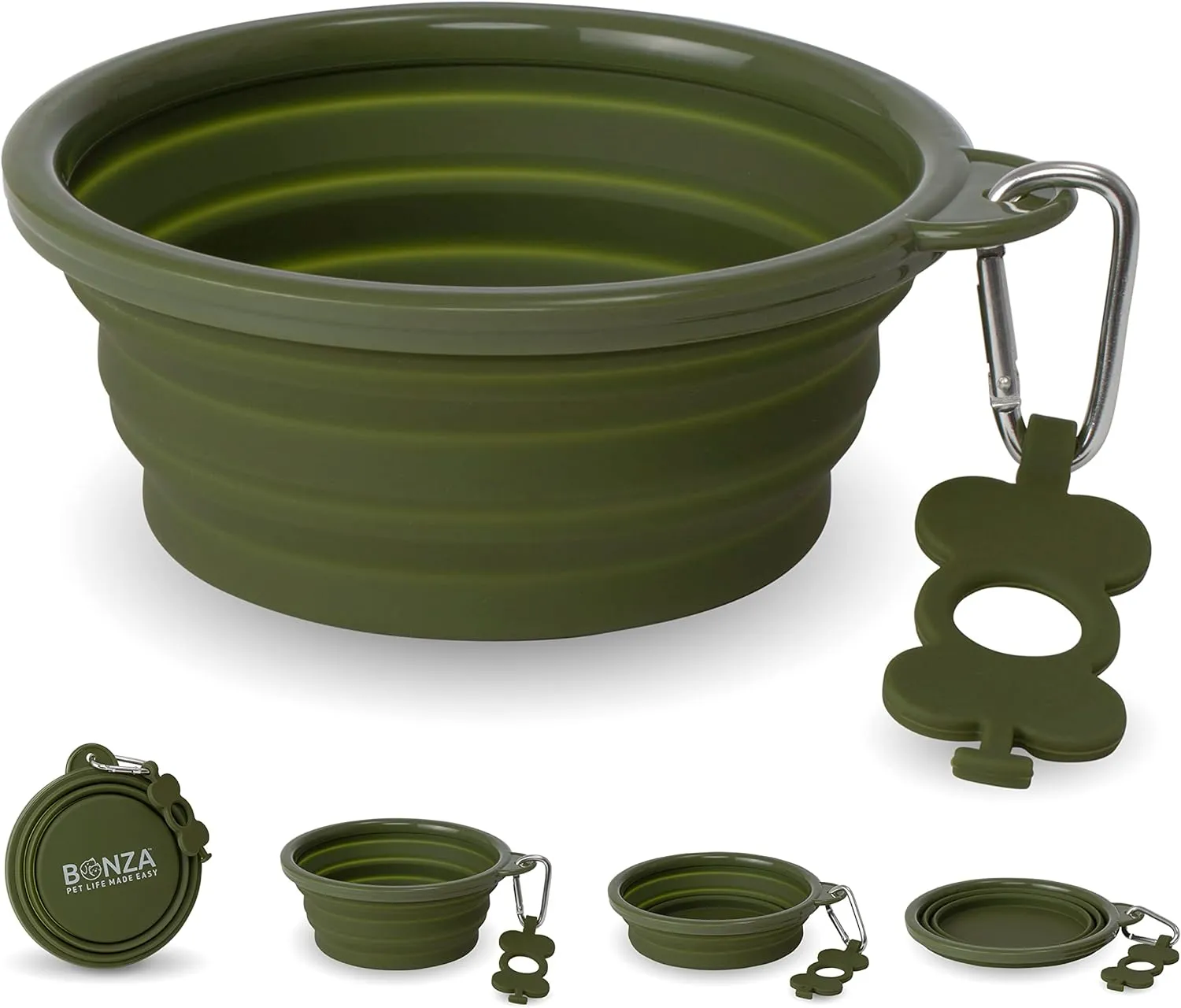 Bonza by Leash Boss Large Collapsible Dog Bowl 1000 mL, Sturdy Reinforced Rim, Includes Carabiner & Water Bottle Holder Keychain, Moss Green