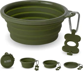 Bonza by Leash Boss Large Collapsible Dog Bowl 1000 mL, Sturdy Reinforced Rim, Includes Carabiner & Water Bottle Holder Keychain, Moss Green