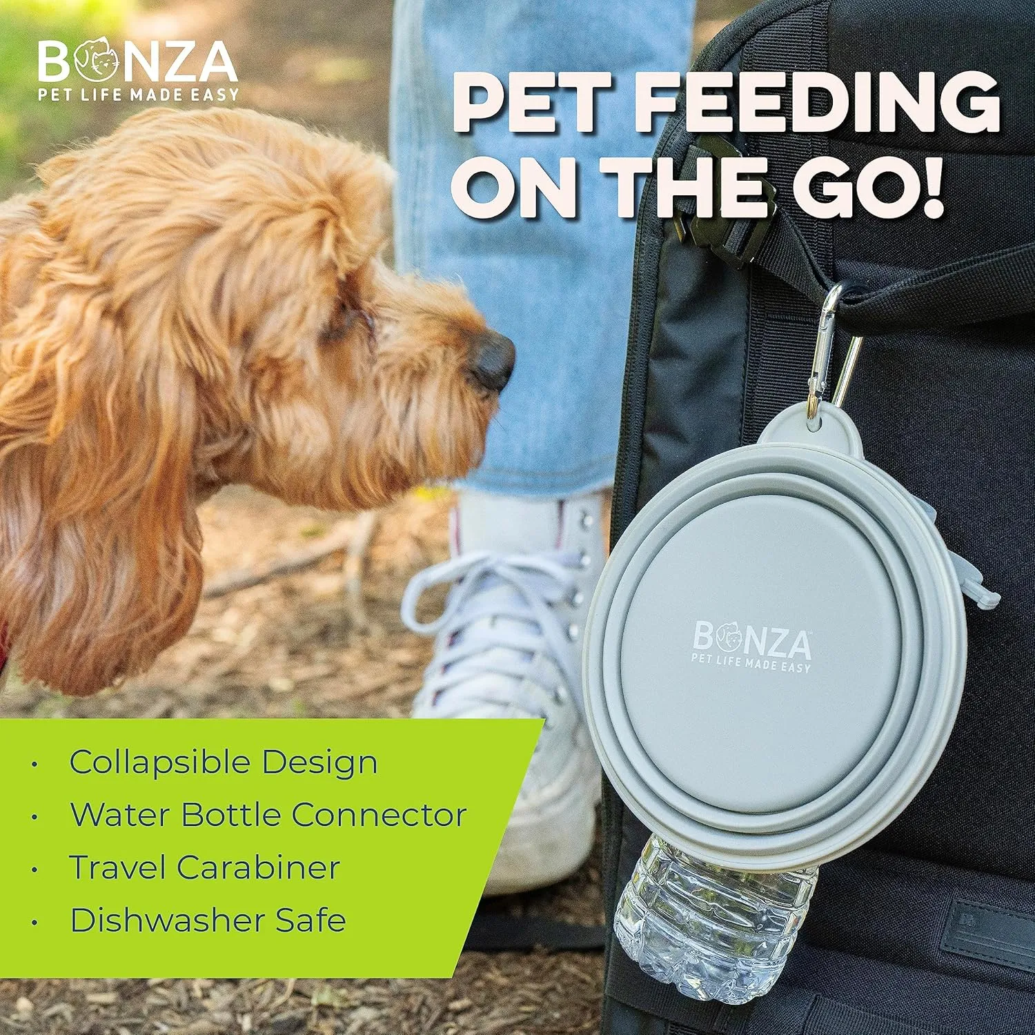 Bonza by Leash Boss Large Collapsible Dog Bowl 1000 mL, Sturdy Reinforced Rim, Includes Carabiner & Water Bottle Holder Keychain, Moss Green