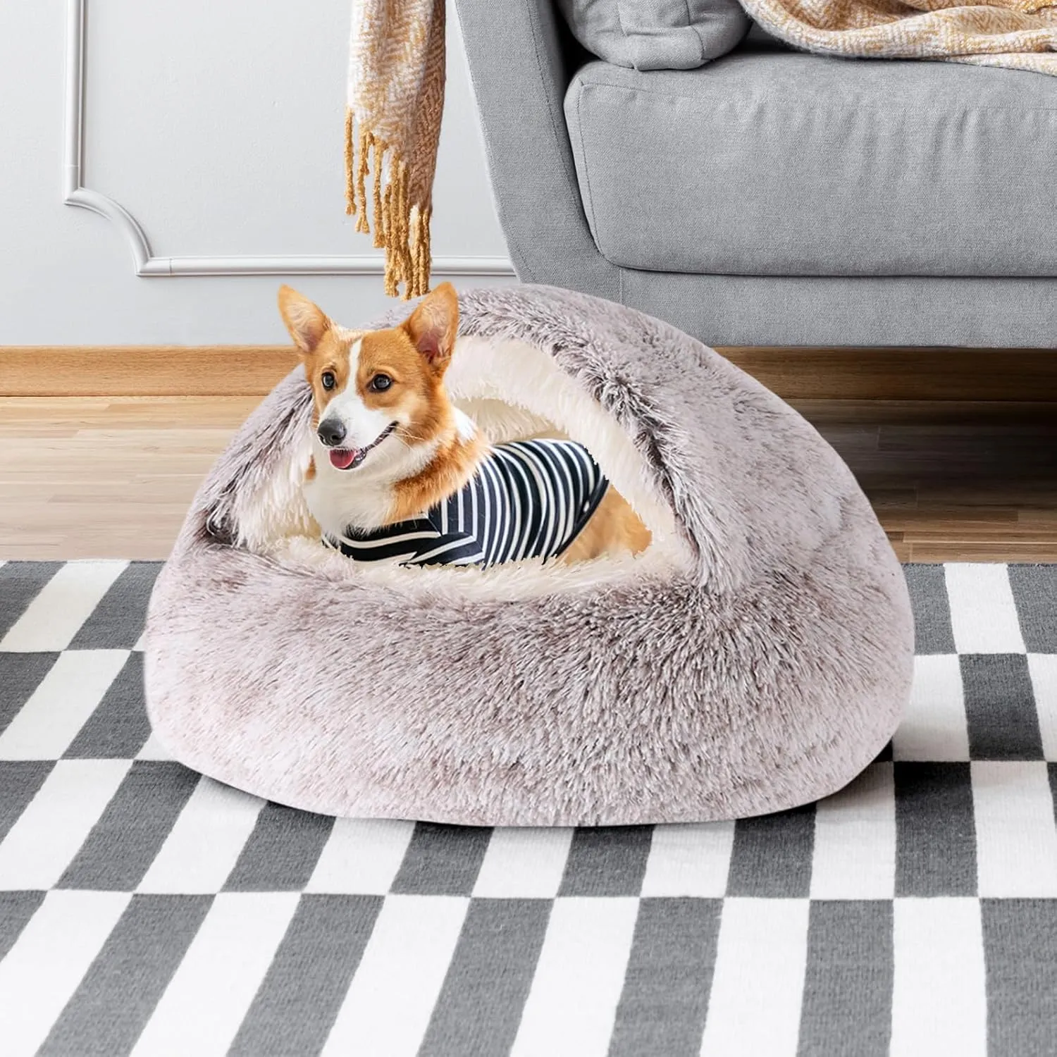 Coffee Round Hooded Cat & Dog Bed - Cave Cover, Faux Fur Cuddler, Self Warming Donut Bed, Fits up to 12 lbs Pets (20" x 20")