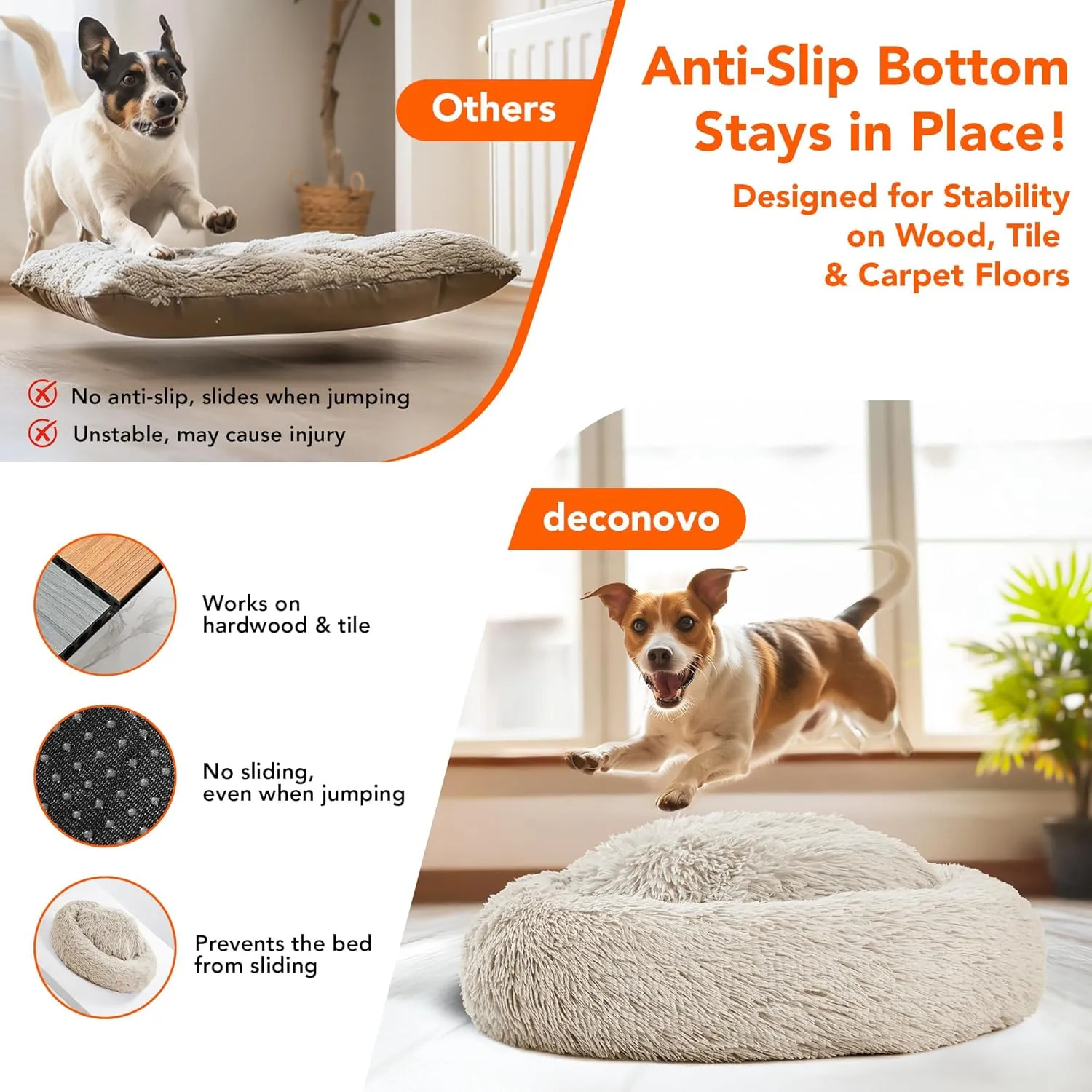 Deconovo Large Dog Bed - Calming Donut Dog Bed for Large Dogs, Anti-Anxiety Plush Round Pet Bed with Fluffy Faux Fur, Machine Washable Anti-Slip Comfort Cozy Circle Bed, Ideal for Big Pets, Camel