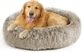 Deconovo Large Dog Bed - Calming Donut Dog Bed for Large Dogs, Anti-Anxiety Plush Round Pet Bed with Fluffy Faux Fur, Machine Washable Anti-Slip Comfort Cozy Circle Bed, Ideal for Big Pets, Camel