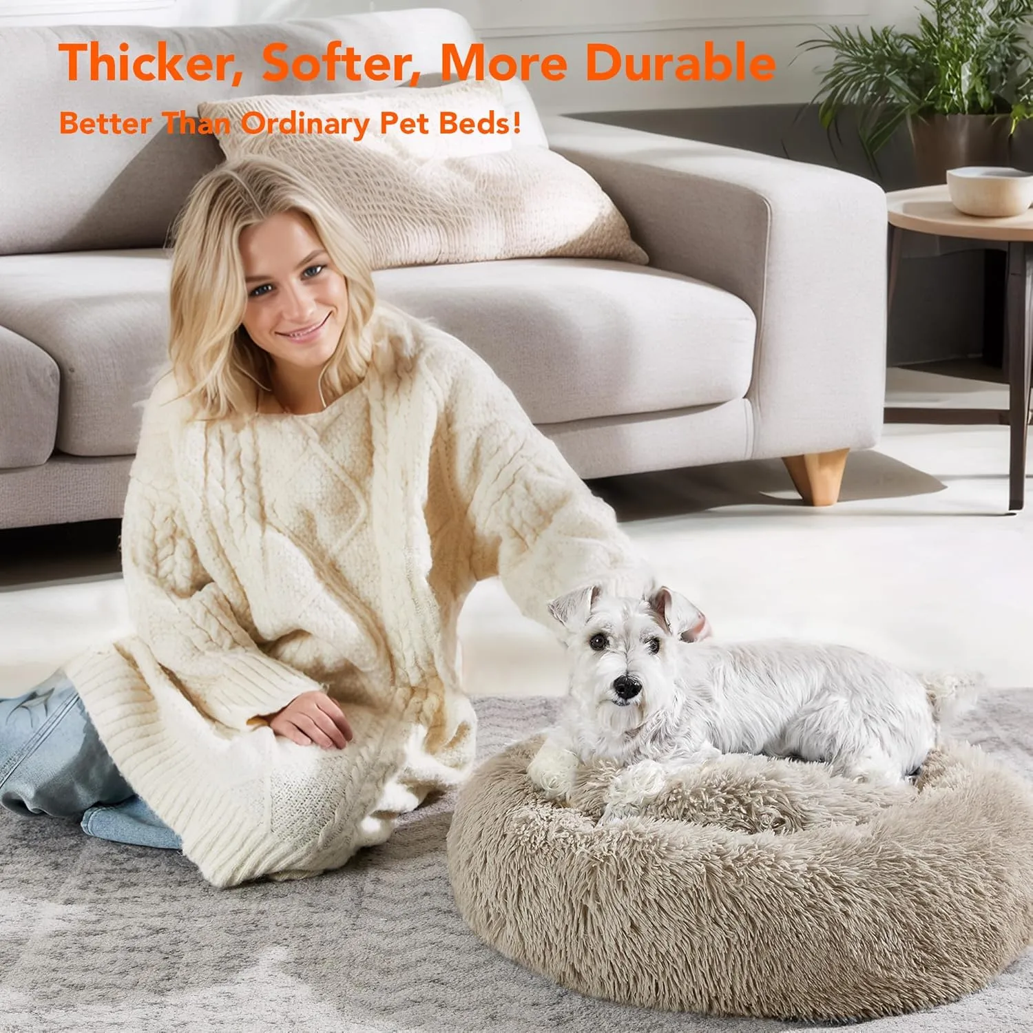 Deconovo Large Dog Bed - Calming Donut Dog Bed for Large Dogs, Anti-Anxiety Plush Round Pet Bed with Fluffy Faux Fur, Machine Washable Anti-Slip Comfort Cozy Circle Bed, Ideal for Big Pets, Camel