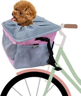 Dog Bike Basket, Pet Carrier Bicycle Basket, Front Carrier Backpack for Bike Riding Foldable Removable, Portable Breathable Bicycle Basket Bag for Dogs and Cats Up to 15lbs(Color:Pink)