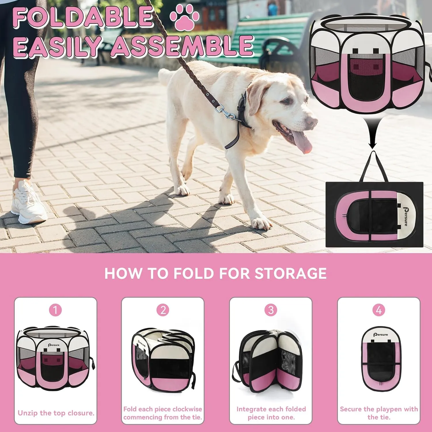 Dog Cat Playpen Indoor Outdoor for Puppy Pet Dogs Cat Travel and Recovery After Surgery, Dog Enclosure Tent Crates Cage Indoor/Outdoor, Portable Pop Up Dogs Kennel with Carrying Case (Pink, Small)