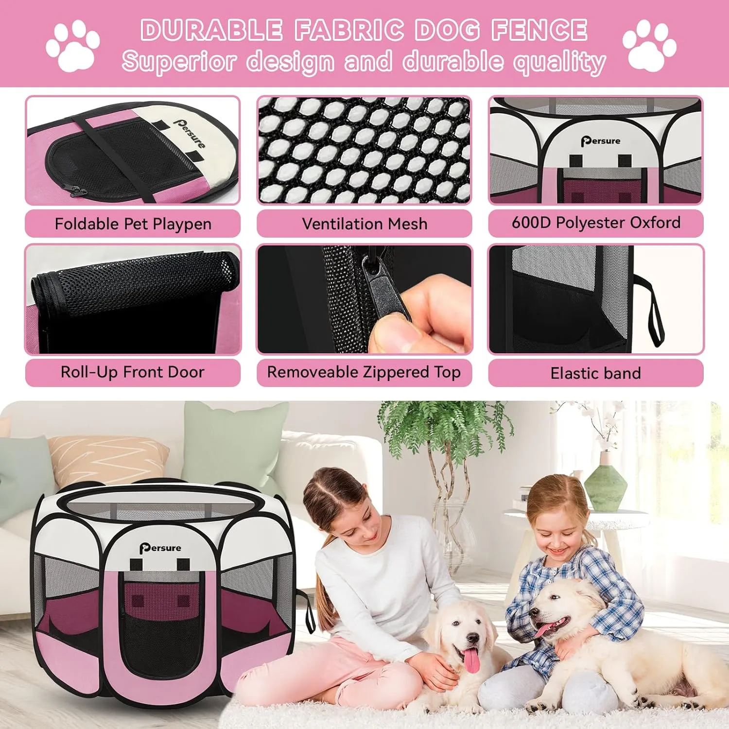 Dog Cat Playpen Indoor Outdoor for Puppy Pet Dogs Cat Travel and Recovery After Surgery, Dog Enclosure Tent Crates Cage Indoor/Outdoor, Portable Pop Up Dogs Kennel with Carrying Case (Pink, Small)