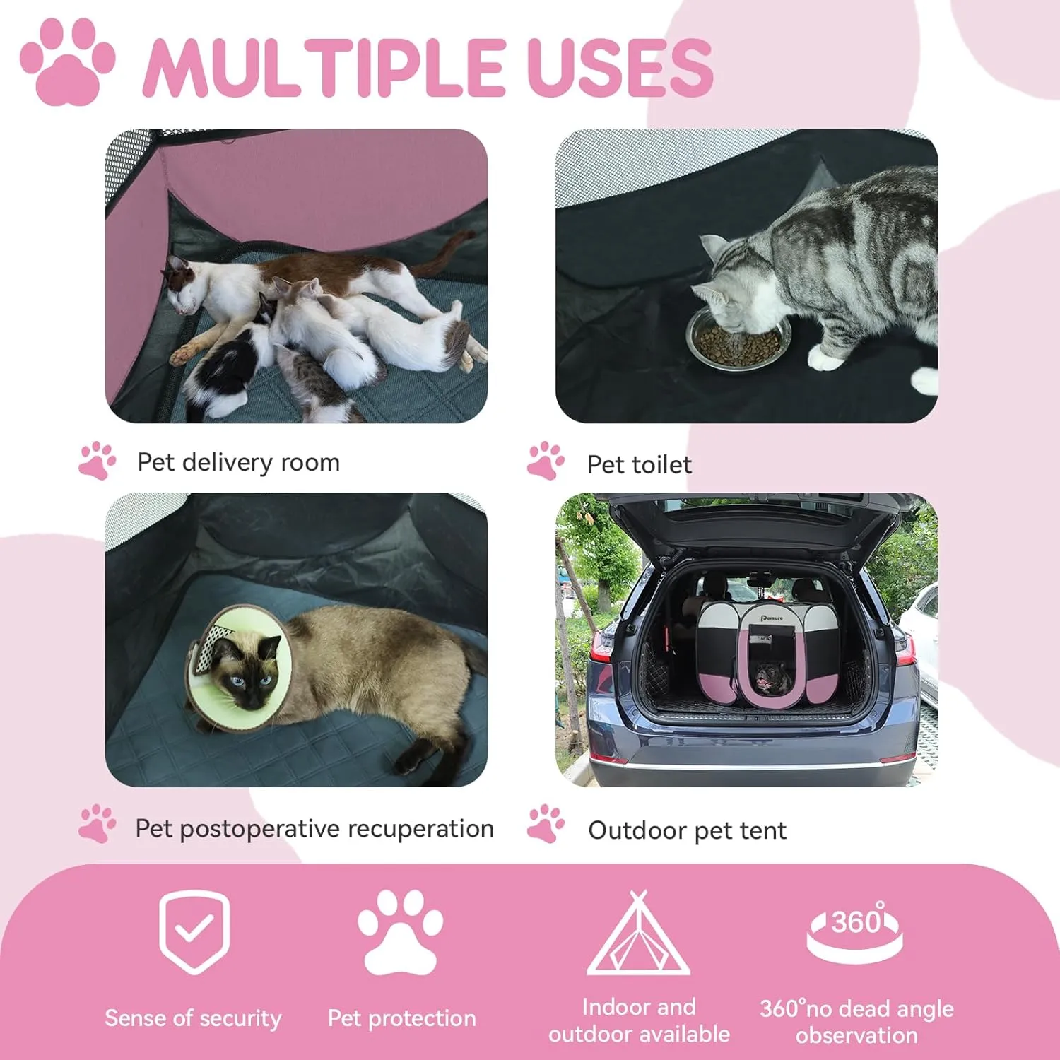 Dog Cat Playpen Indoor Outdoor for Puppy Pet Dogs Cat Travel and Recovery After Surgery, Dog Enclosure Tent Crates Cage Indoor/Outdoor, Portable Pop Up Dogs Kennel with Carrying Case (Pink, Small)