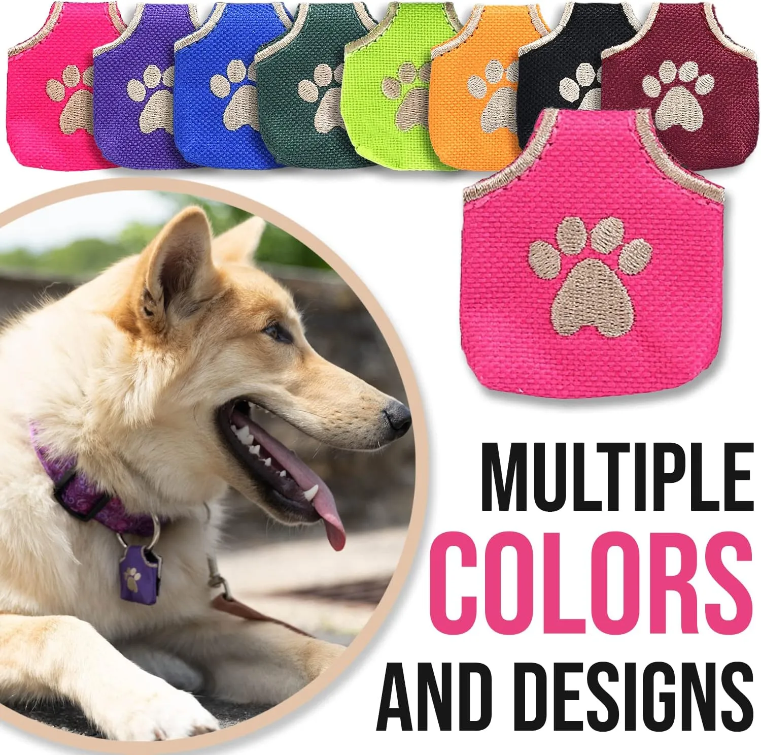 Dog Tag Cover, Pink Pawprint - Quiet Noisy Pet Tags - Fits Up to Four Pet IDs - Dog Tag Cover Protects Metal Pet IDs from Tarnish, Made of Durable Nylon, Universal Fit, Machine Washable
