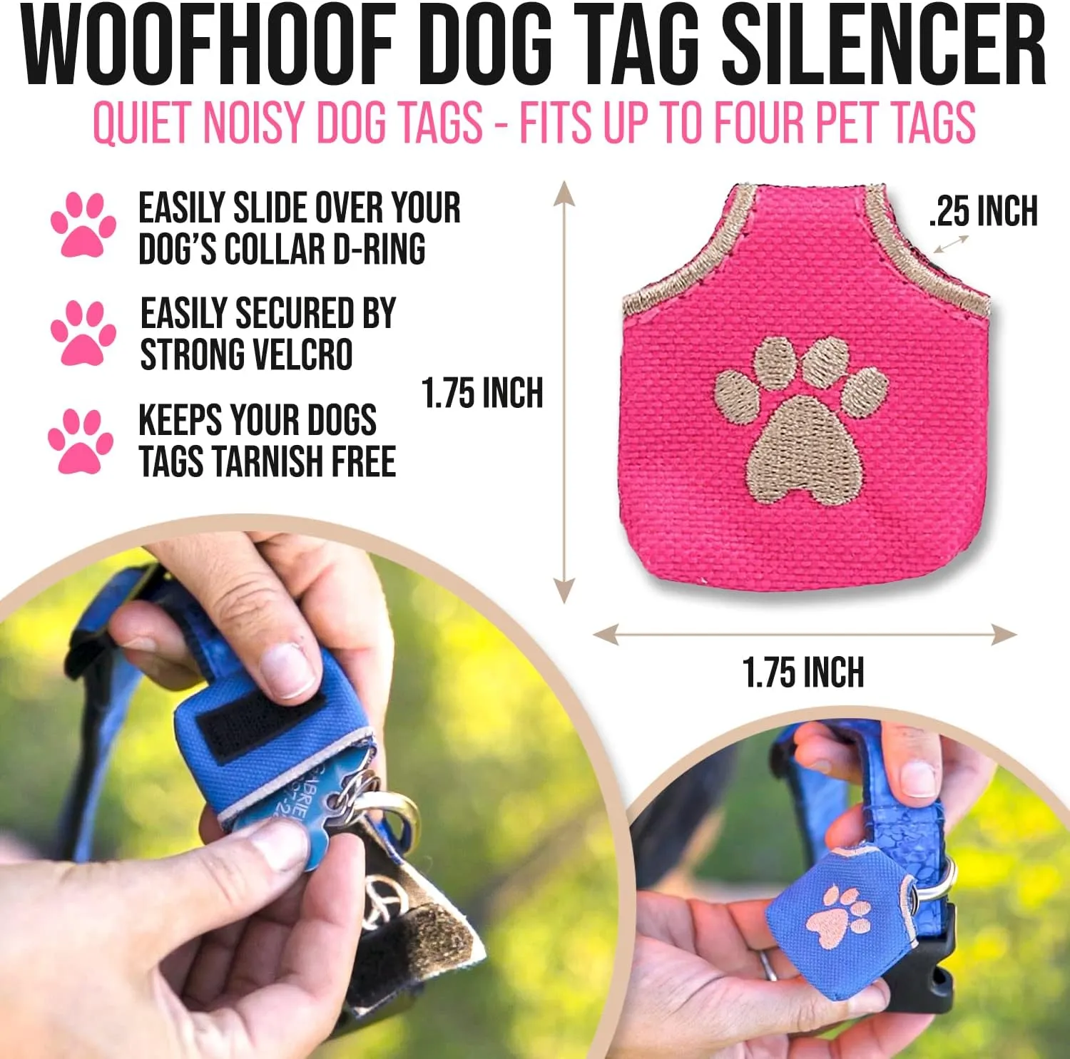 Dog Tag Cover, Pink Pawprint - Quiet Noisy Pet Tags - Fits Up to Four Pet IDs - Dog Tag Cover Protects Metal Pet IDs from Tarnish, Made of Durable Nylon, Universal Fit, Machine Washable