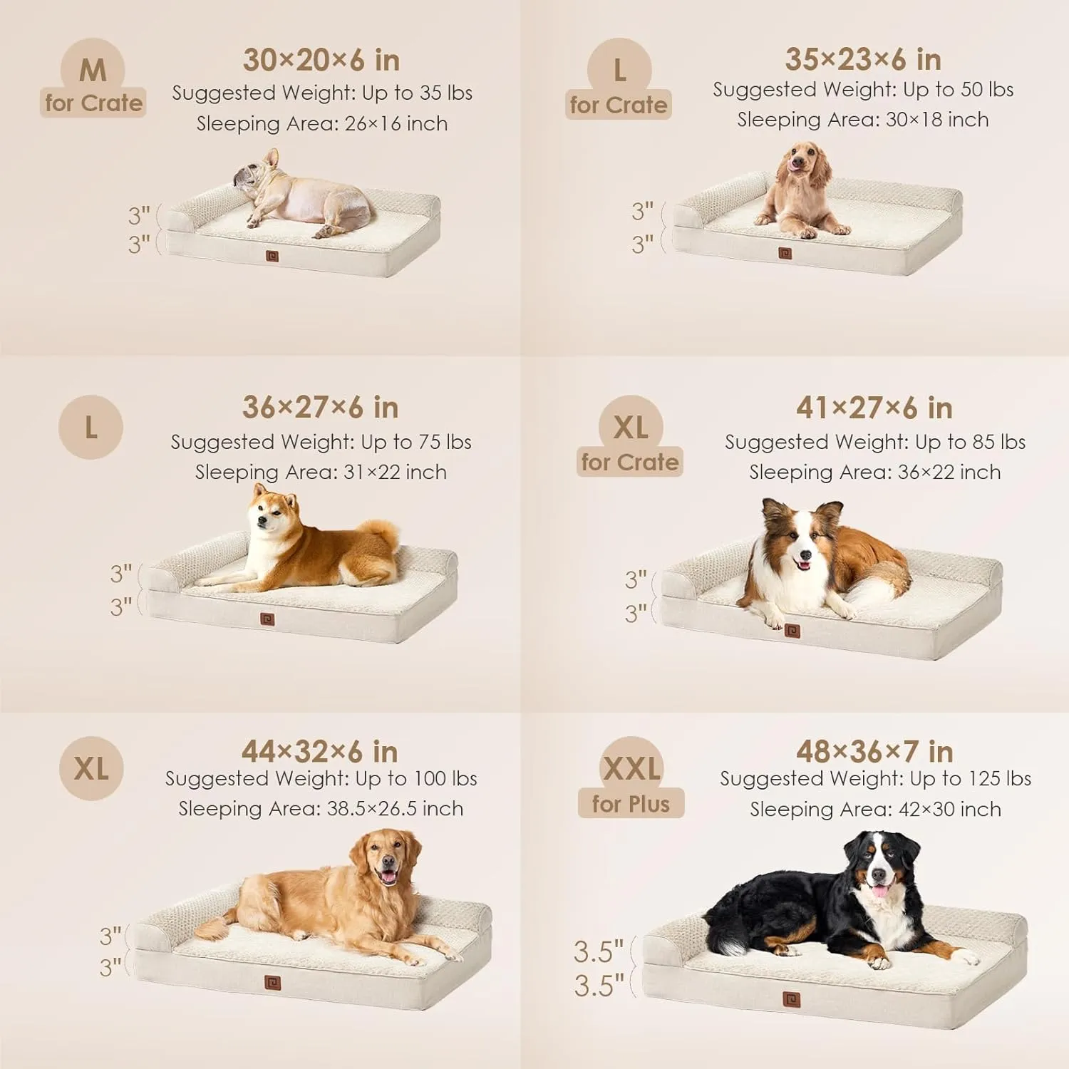 EHEYCIGA Memory Foam Dog Bed Medium Sized Dogs, Waterproof Dog Bed Orthopedic with Washable Removable Cover, Non-Slip Pet Bed Couch for Crate, 30x20x6 Inches, Beige