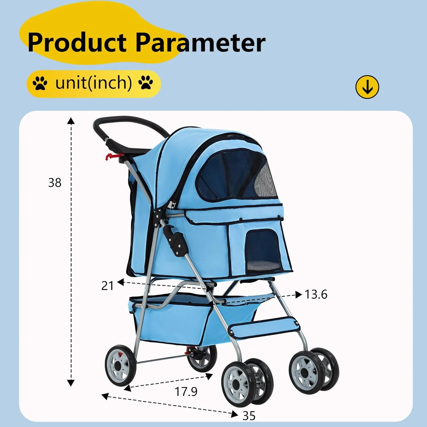 FDW Pet Stroller 4-Wheel Dog Cat Stroller Travel Folding Carrier Puppy Stroller with Cup Holder and Removable Liner for Small Medium Dogs Cats, Blue