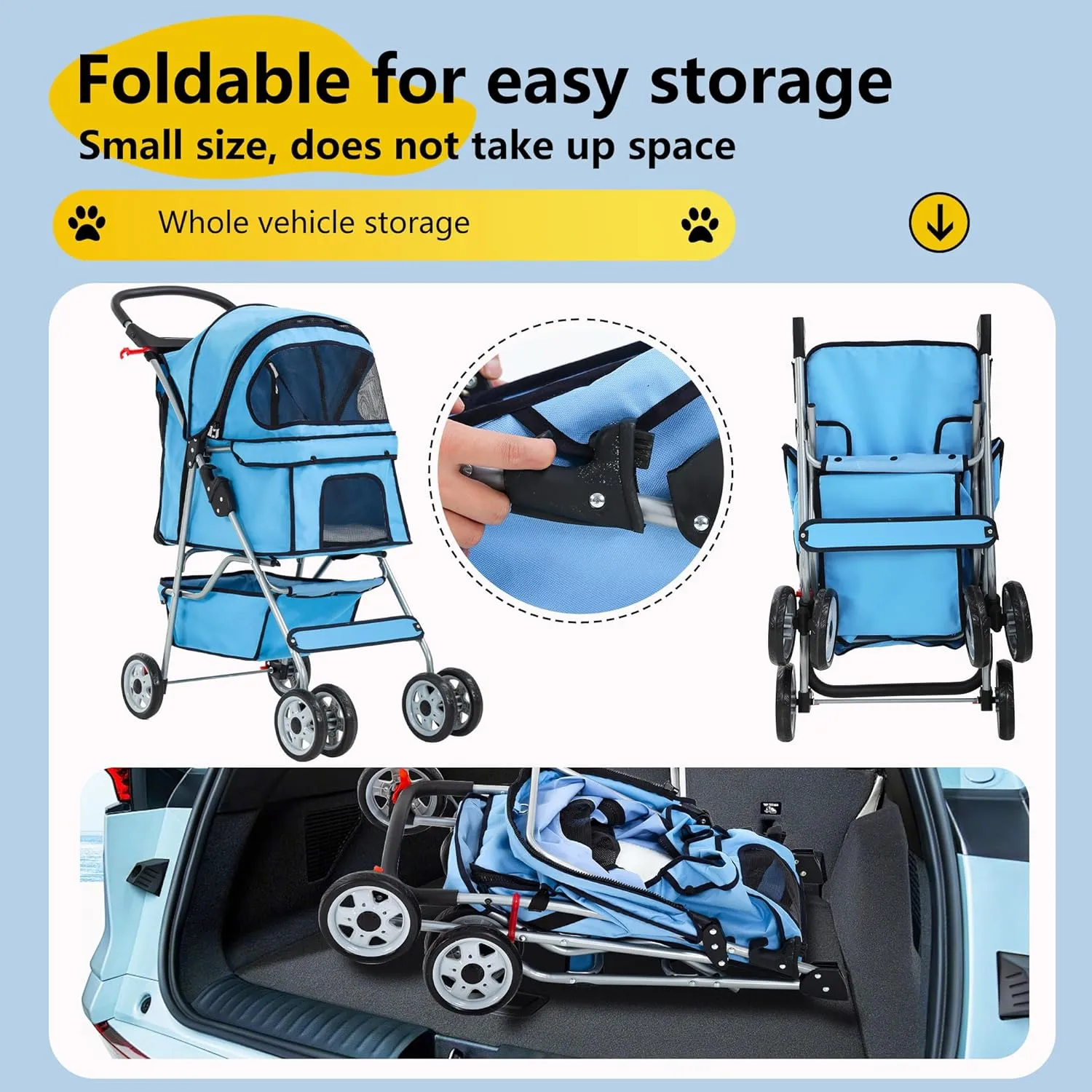 FDW Pet Stroller 4-Wheel Dog Cat Stroller Travel Folding Carrier Puppy Stroller with Cup Holder and Removable Liner for Small Medium Dogs Cats, Blue