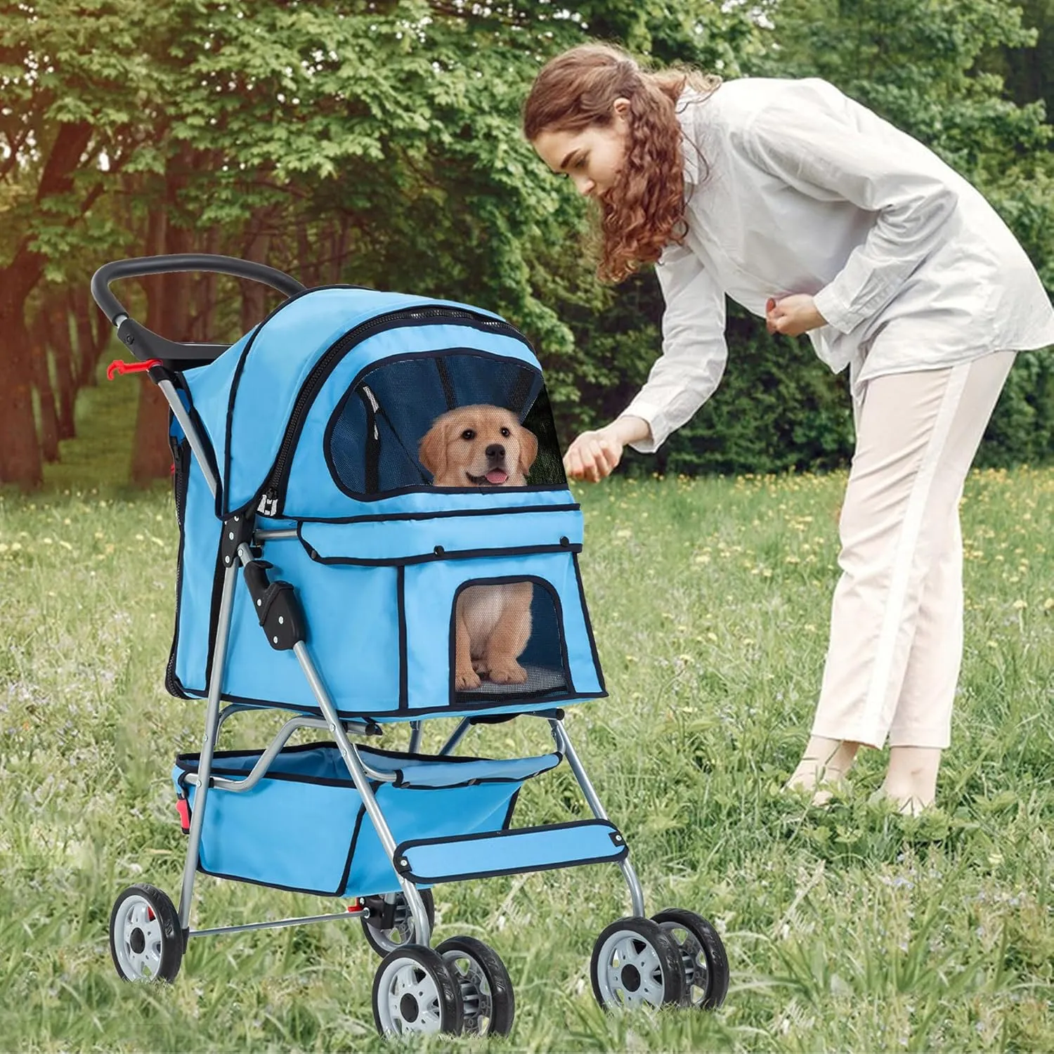 FDW Pet Stroller 4-Wheel Dog Cat Stroller Travel Folding Carrier Puppy Stroller with Cup Holder and Removable Liner for Small Medium Dogs Cats, Blue