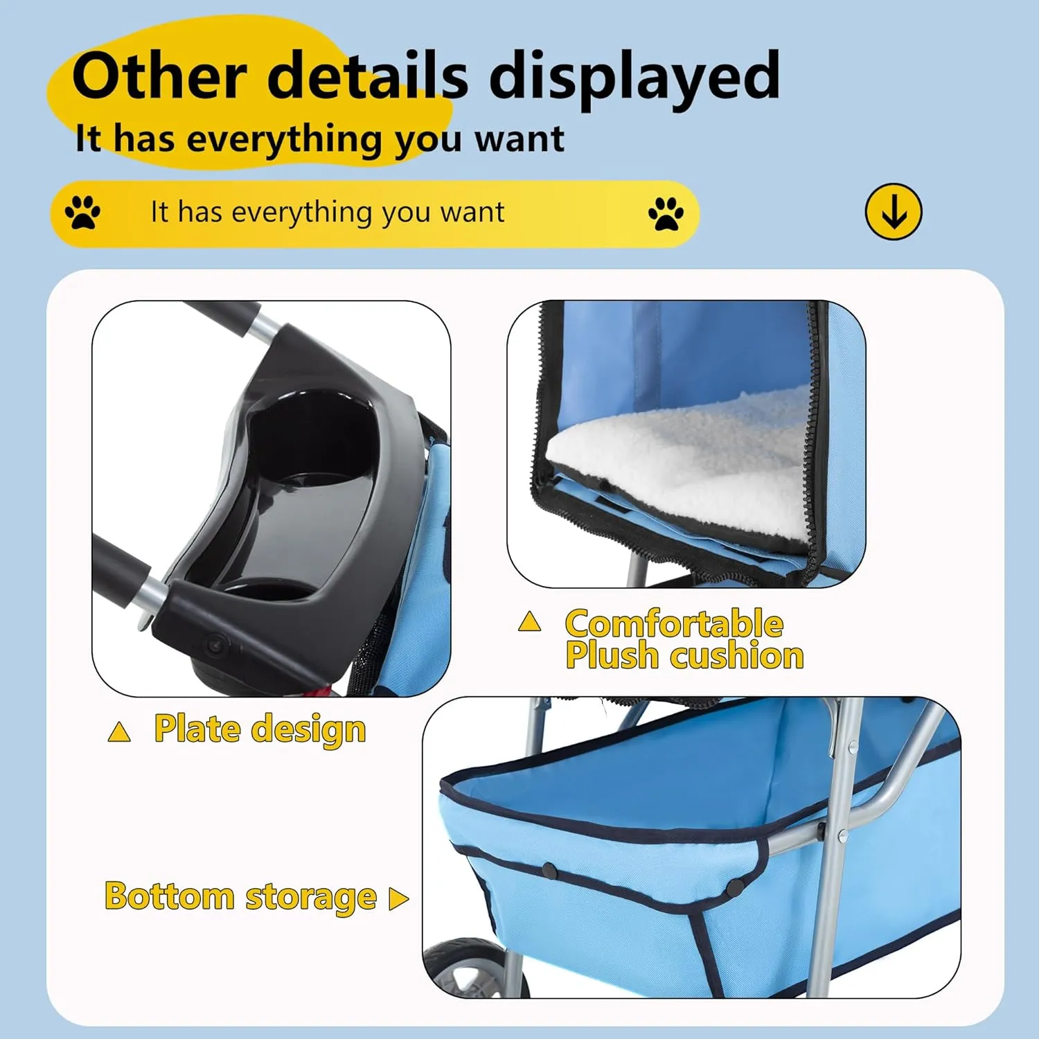 FDW Pet Stroller 4-Wheel Dog Cat Stroller Travel Folding Carrier Puppy Stroller with Cup Holder and Removable Liner for Small Medium Dogs Cats, Blue