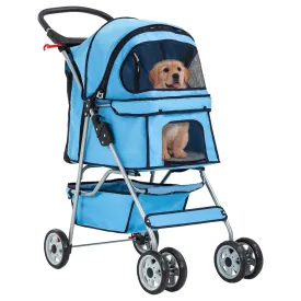 FDW Pet Stroller 4-Wheel Dog Cat Stroller Travel Folding Carrier Puppy Stroller with Cup Holder and Removable Liner for Small Medium Dogs Cats, Blue