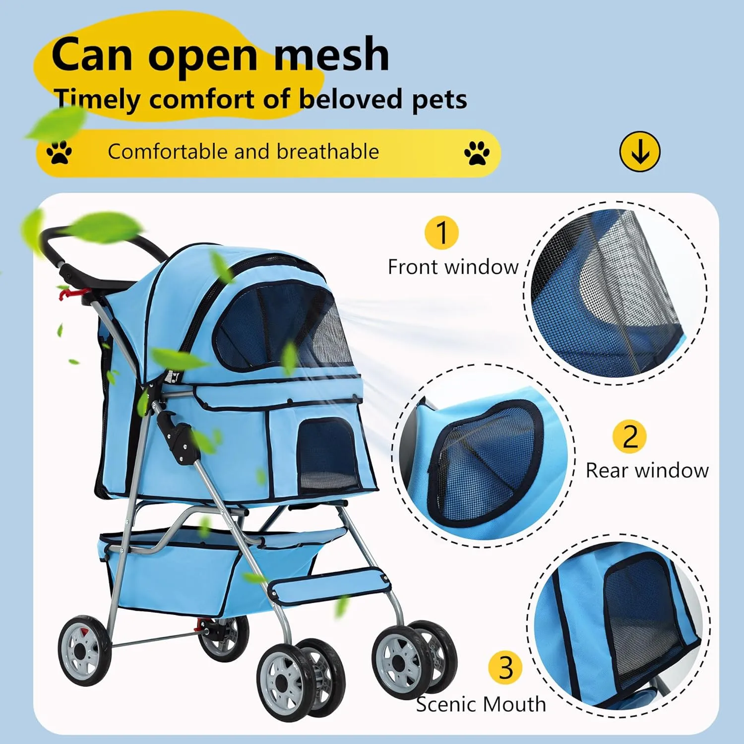 FDW Pet Stroller 4-Wheel Dog Cat Stroller Travel Folding Carrier Puppy Stroller with Cup Holder and Removable Liner for Small Medium Dogs Cats, Blue