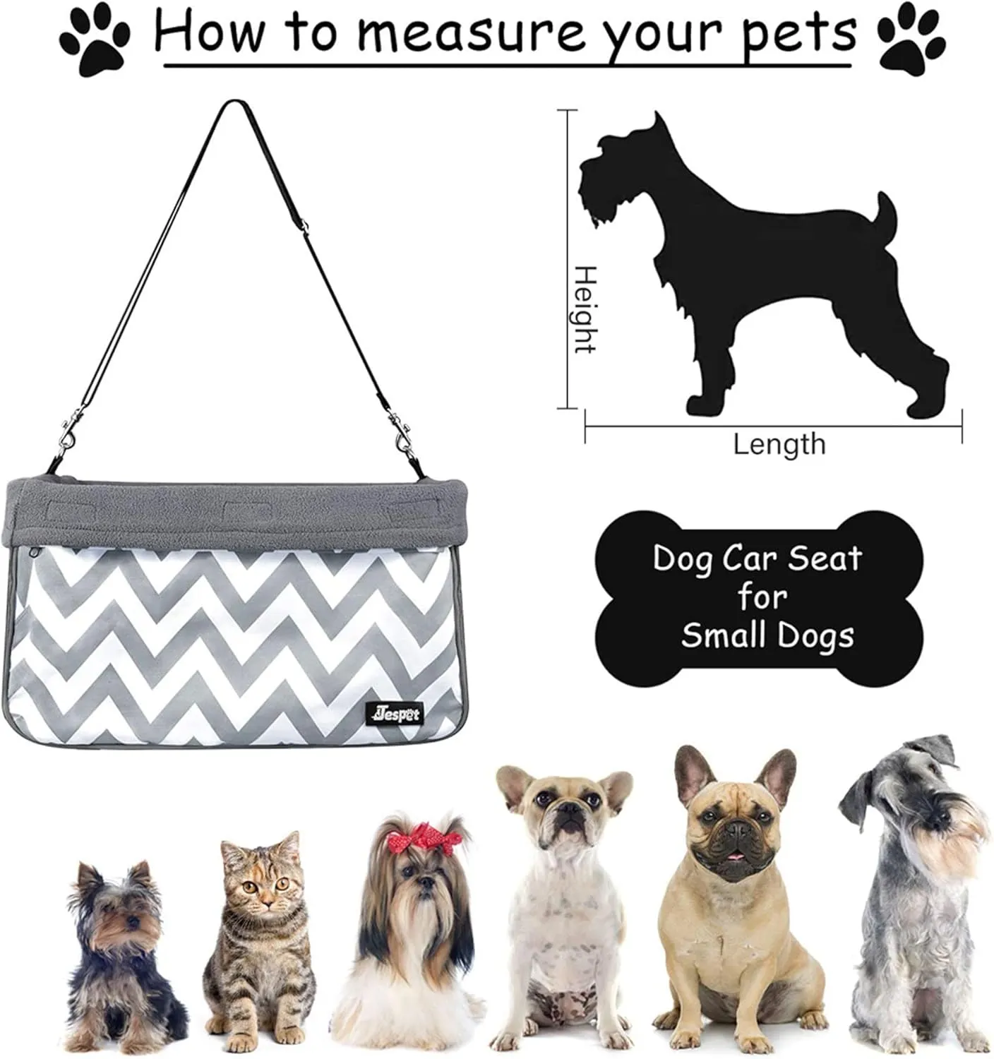 JESPET & GOOPAWS: Pet Safety Booster Car Seat - Grey Stripe -Small Dogs & Cats Up to 24lbs, Cozy Fleece Lined Bed, Collapsible Portable Travel Carrier