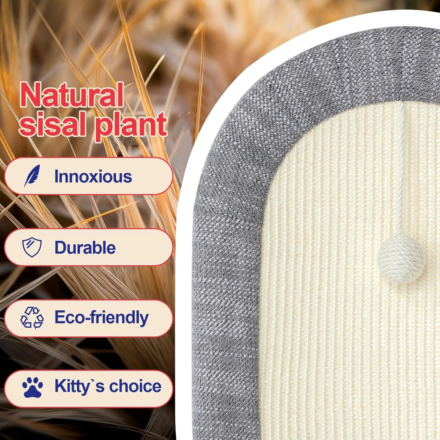 Jiupety Sisal Cat Scratcher Bed for Indoor Cats, 24" Extra Large Scratch Pad, Oval Durable Scratching Board & Lounge, 3-in-1 Cat Bed Up to 20 Lbs, Gray