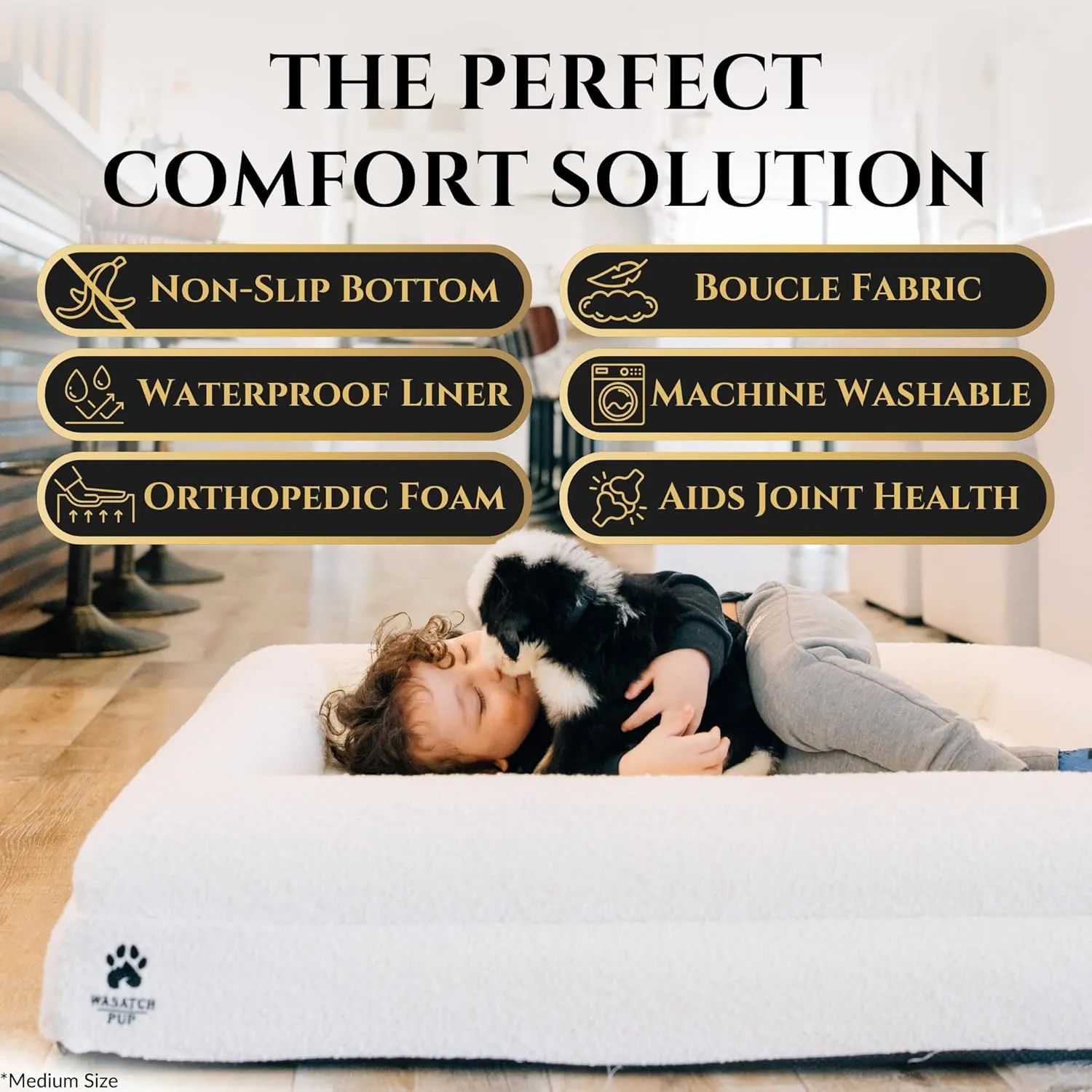 Luxury Boucle Fabric Orthopedic Large Dog Bed with Memory Foam | Breathable Comfort & Washable Dog Couch Bed with Waterproof Liner & Cover | Ideal Pet Beds for Big Dogs - Charcoal 45"x36x7