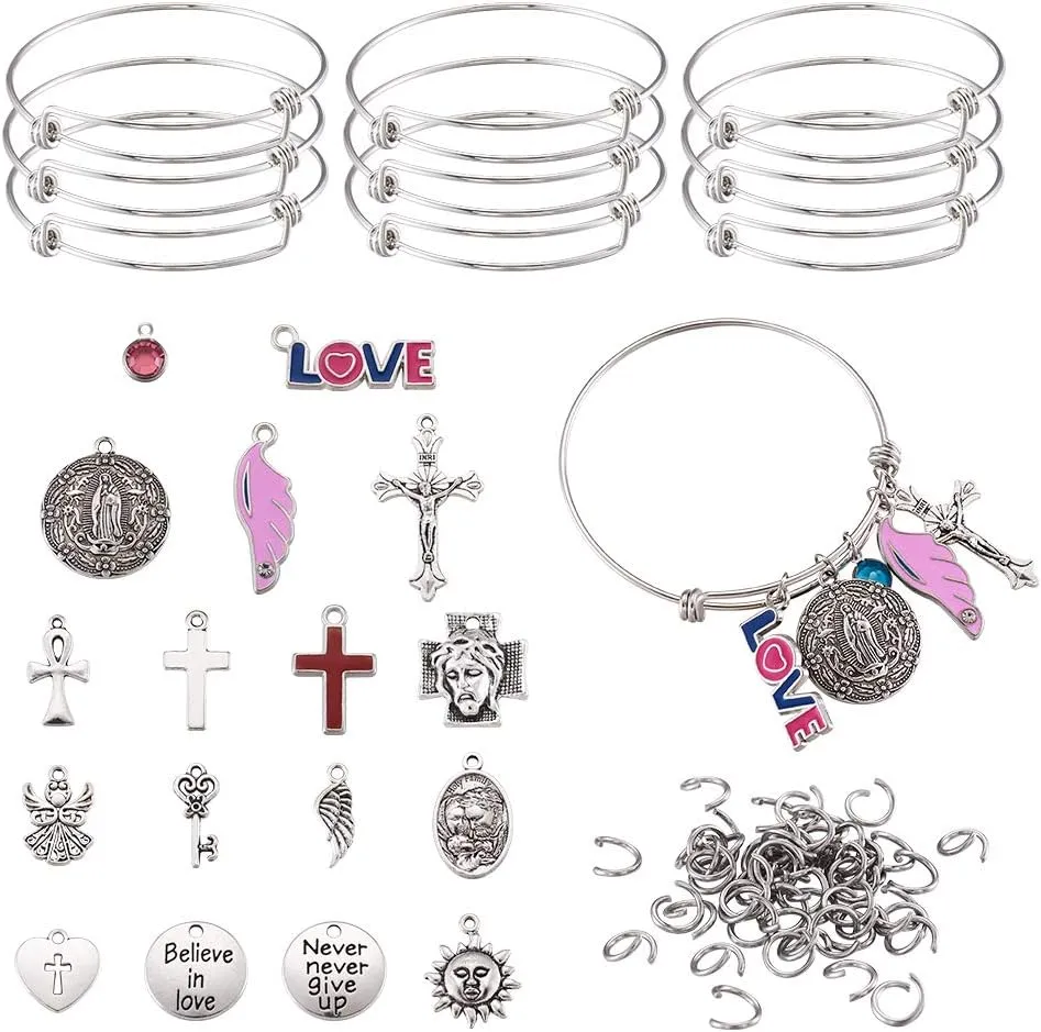 Mega Pet Bracelet Making Kits Sets Adujstable Blank Bangles Metal Cross Wing Charms Jump Rings for Jewelry Craft Making