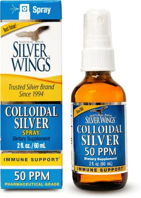 Natural Path Silver Wings Colloidal Silver Liquid - Daily Immune Support Supplement - 50ppm (250mcg) - 2oz Spray