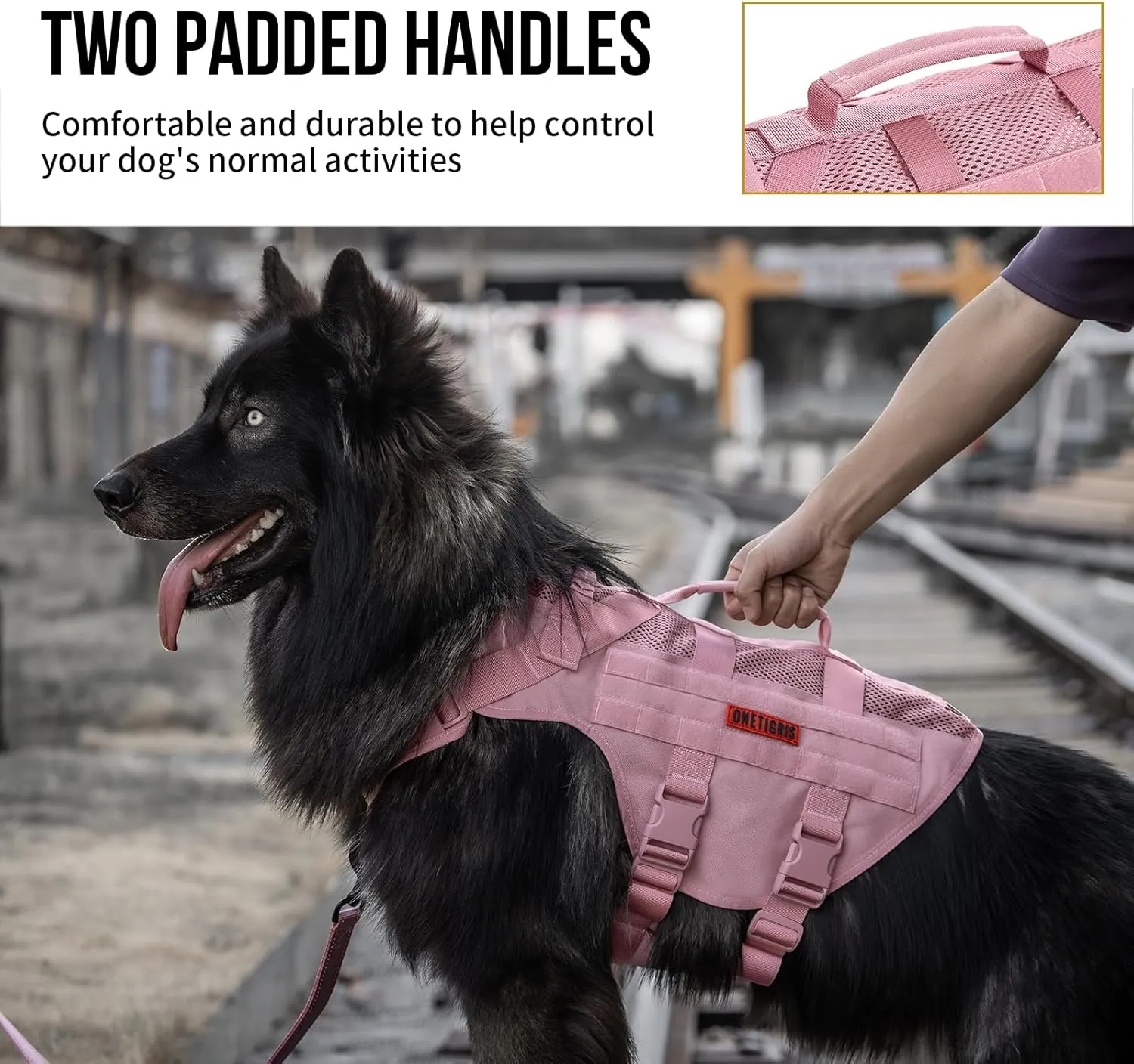 OneTigris Tactical Dog Harness for Small Dogs, No Pull Vest With Handles, Breathable Military Molle Vest for Walking Hiking Training (Pink, XS)