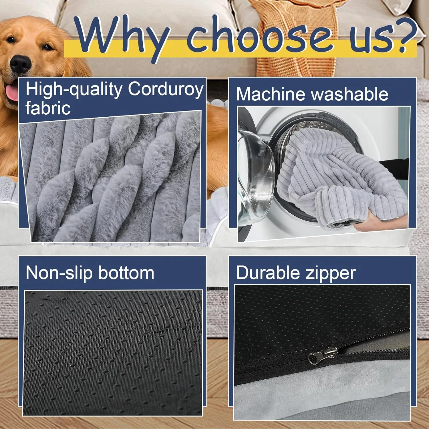 Orthopedic Dog Bed for Large Medium Sized, Washable Memory Foam Large Dog Bed Premium Soft Corduroy Fleece, Durable Medium Pet Sofa with Removable Cover, Washable Waterproof Pet Couch Beds(Grey, L)