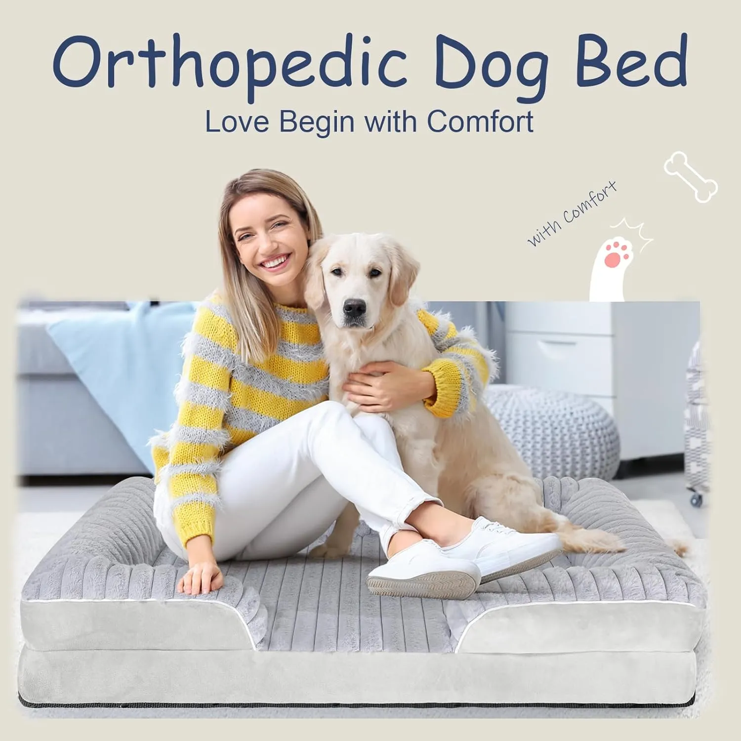 Orthopedic Dog Bed for Large Medium Sized, Washable Memory Foam Large Dog Bed Premium Soft Corduroy Fleece, Durable Medium Pet Sofa with Removable Cover, Washable Waterproof Pet Couch Beds(Grey, L)
