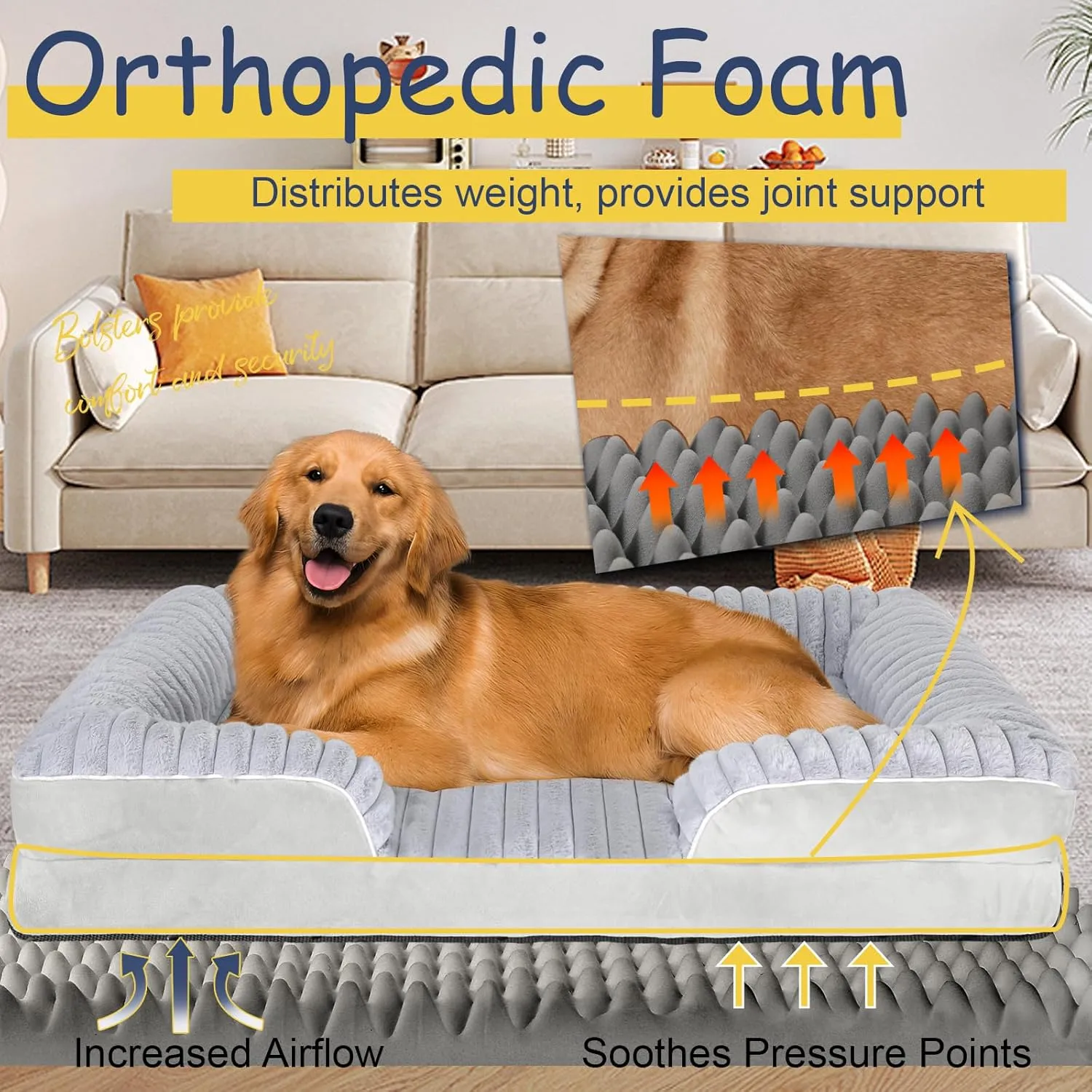 Orthopedic Dog Bed for Large Medium Sized, Washable Memory Foam Large Dog Bed Premium Soft Corduroy Fleece, Durable Medium Pet Sofa with Removable Cover, Washable Waterproof Pet Couch Beds(Grey, L)
