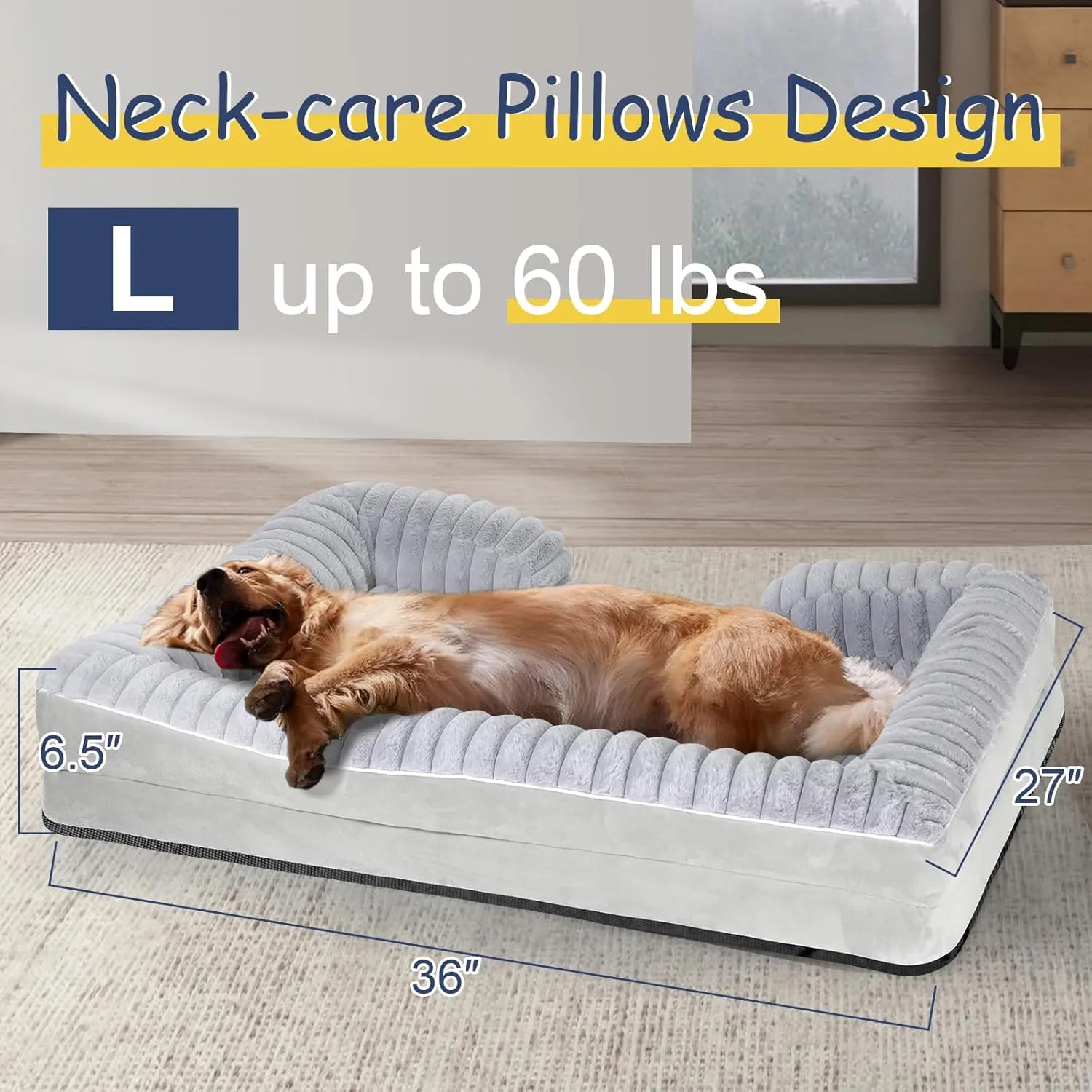 Orthopedic Dog Bed for Large Medium Sized, Washable Memory Foam Large Dog Bed Premium Soft Corduroy Fleece, Durable Medium Pet Sofa with Removable Cover, Washable Waterproof Pet Couch Beds(Grey, L)