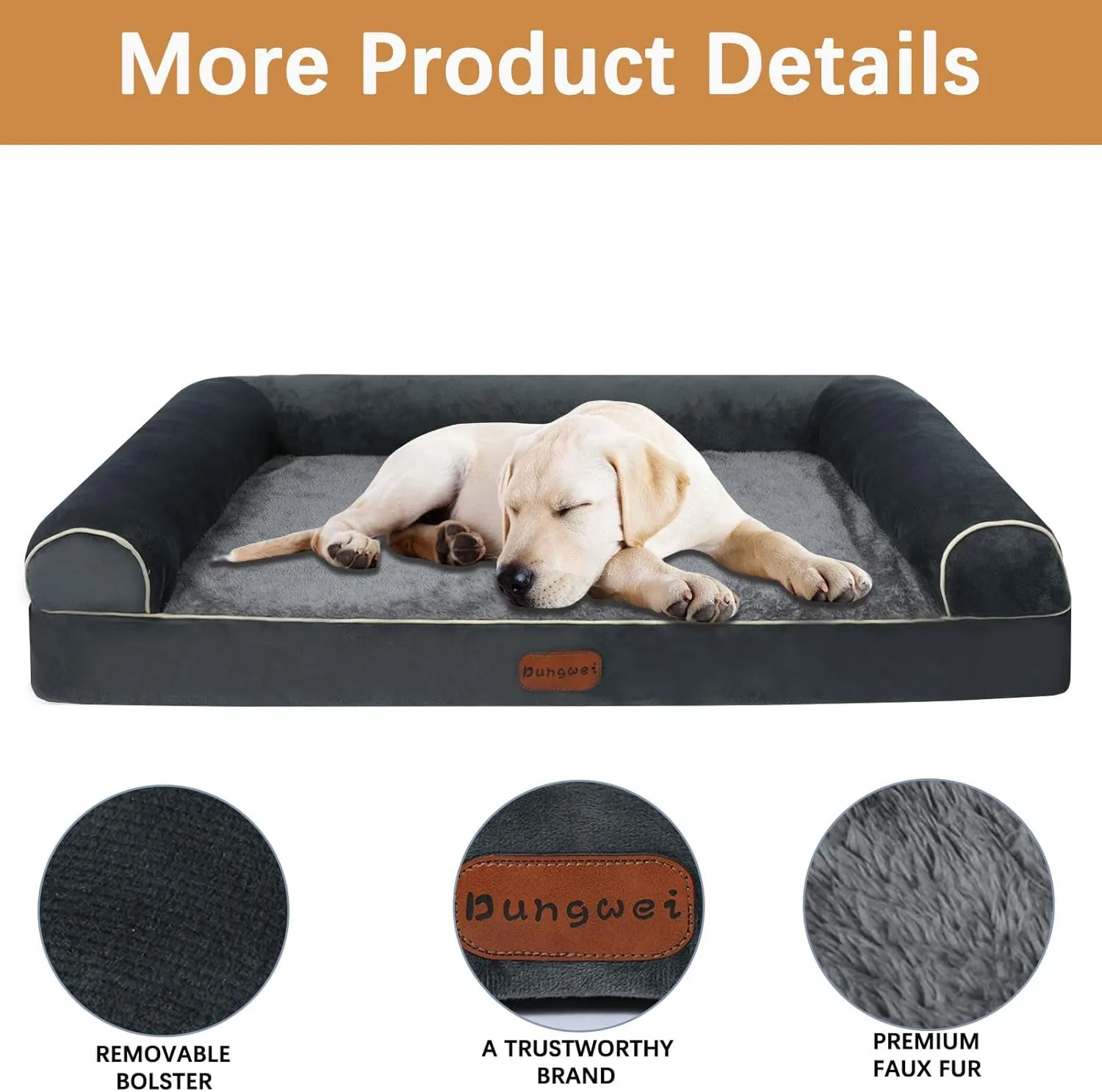 Orthopedic Dog Bed Waterproof Large Dog Bed with Removable Bolsters & Washable Cover, 47" x 31" x 8" Dark Gray