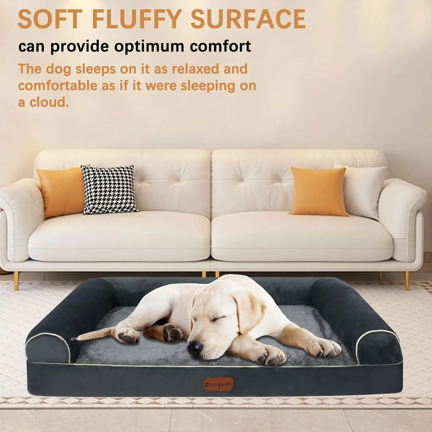 Orthopedic Dog Bed Waterproof Large Dog Bed with Removable Bolsters & Washable Cover, 47" x 31" x 8" Dark Gray