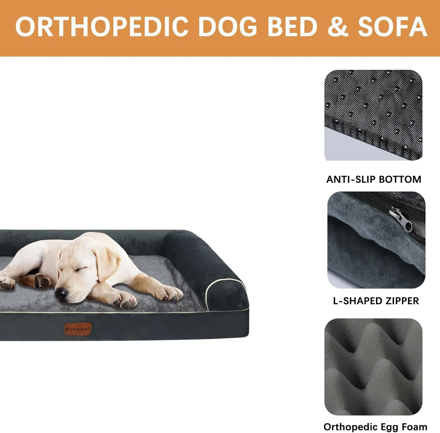 Orthopedic Dog Bed Waterproof Large Dog Bed with Removable Bolsters & Washable Cover, 47" x 31" x 8" Dark Gray