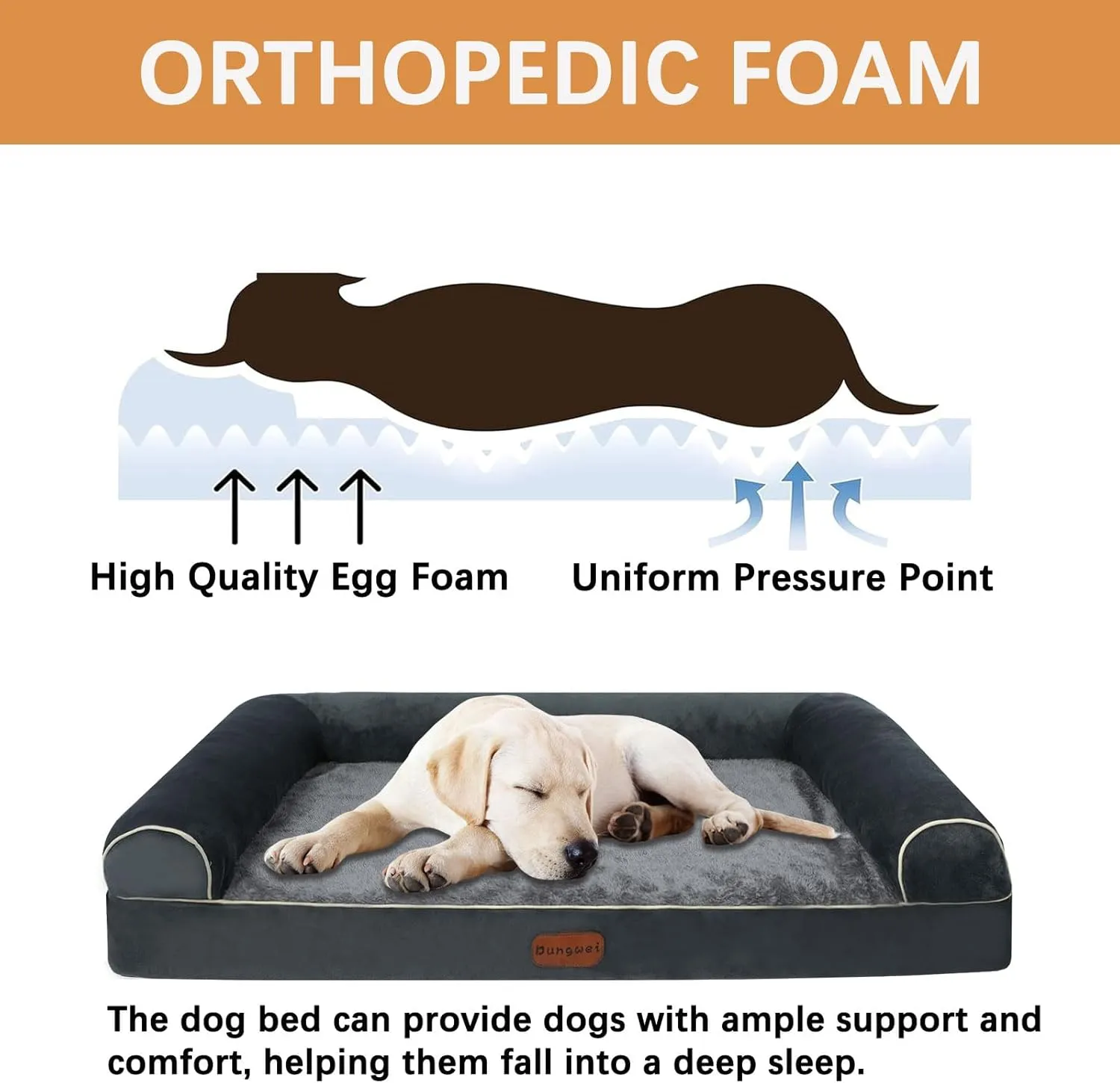 Orthopedic Dog Bed Waterproof Large Dog Bed with Removable Bolsters & Washable Cover, 47" x 31" x 8" Dark Gray