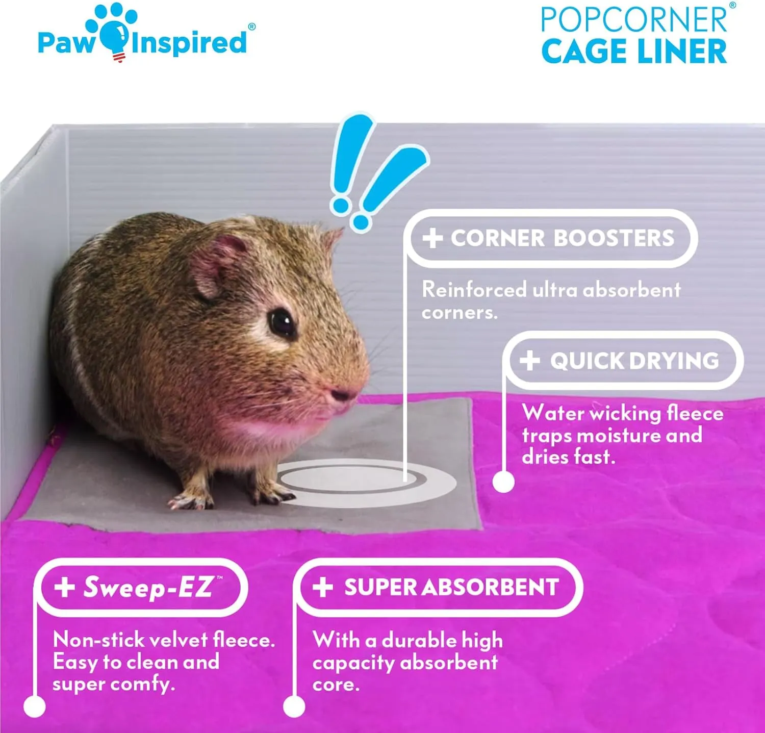 Paw Inspired PopCorner Guinea Pig Cage Liners | Washable Fleece Bedding or Pet Bed Mat for Small Animals | Super Absorbent Pee Pad with Reinforced Corners and Waterproof Bottom (Midwest, Pink)