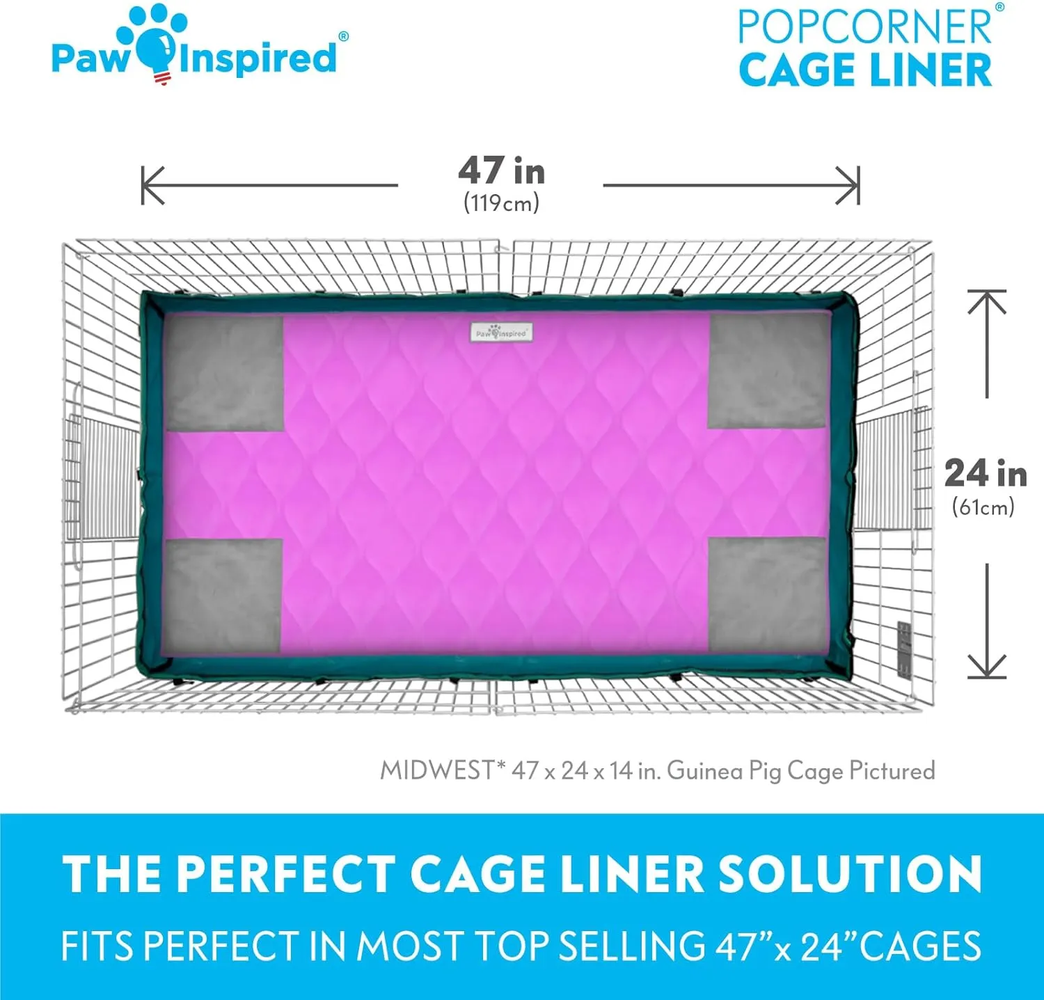 Paw Inspired PopCorner Guinea Pig Cage Liners | Washable Fleece Bedding or Pet Bed Mat for Small Animals | Super Absorbent Pee Pad with Reinforced Corners and Waterproof Bottom (Midwest, Pink)