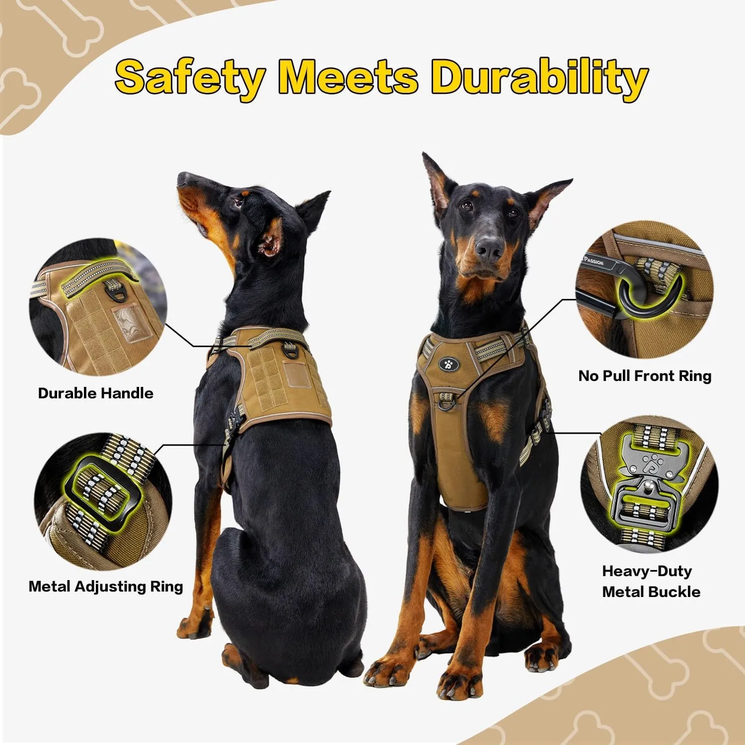 PawsPassion Tactical Dog Harness for Small Dogs, Chew-Proof Metal Hardware, Heavy Duty No Pull Dog Harness, Reflective Strips, Adjusting Ring, MOLLE System, Hook and Loop Panel (Sandstone, S)