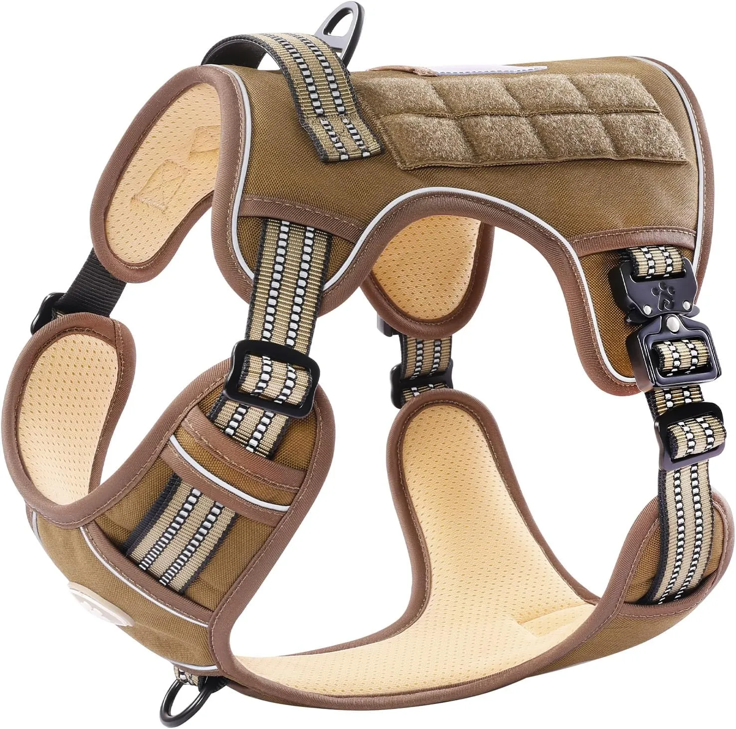 PawsPassion Tactical Dog Harness for Small Dogs, Chew-Proof Metal Hardware, Heavy Duty No Pull Dog Harness, Reflective Strips, Adjusting Ring, MOLLE System, Hook and Loop Panel (Sandstone, S)